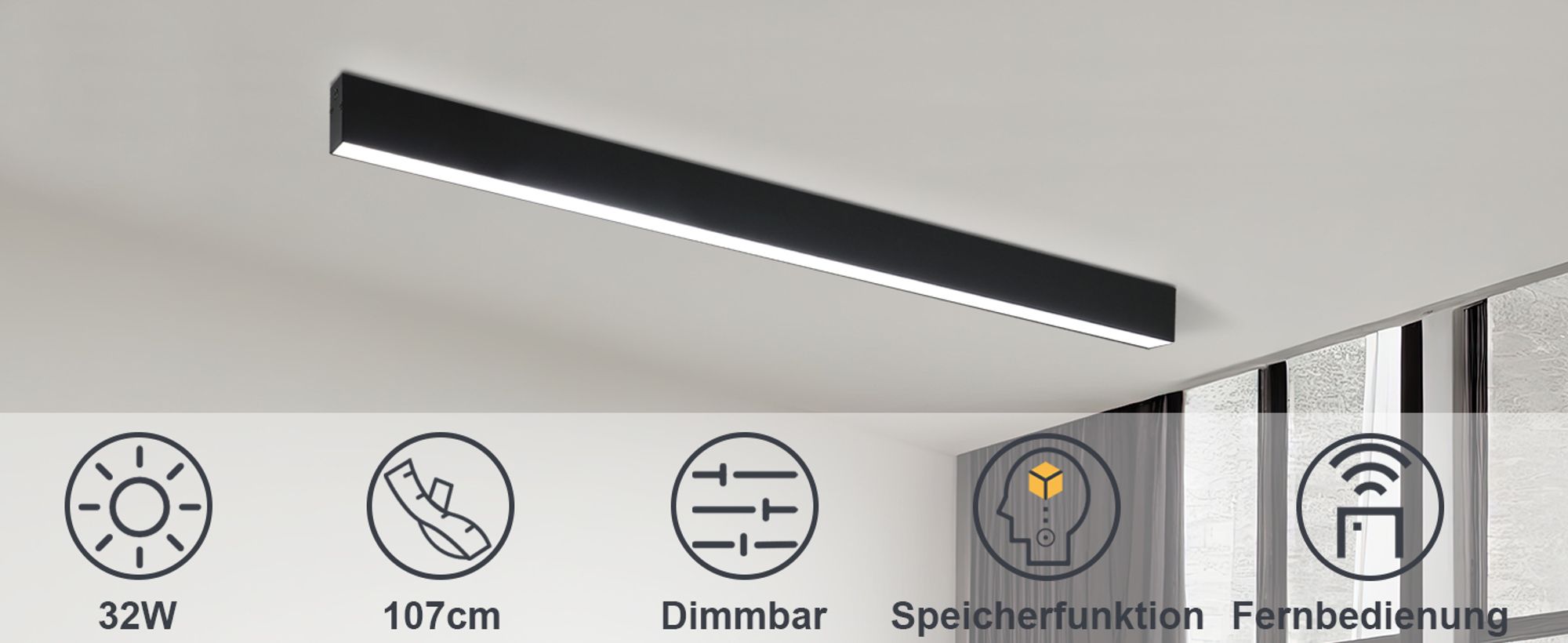 ZMH LED Deckenleuchte Wohnzimmer Deckenlampe 32W Modern Schwarz Deckenbeleuchtung 107 CM Dimmbar mit Fernbedienung für Schlafzimmer  Küche Büro Esszimmer