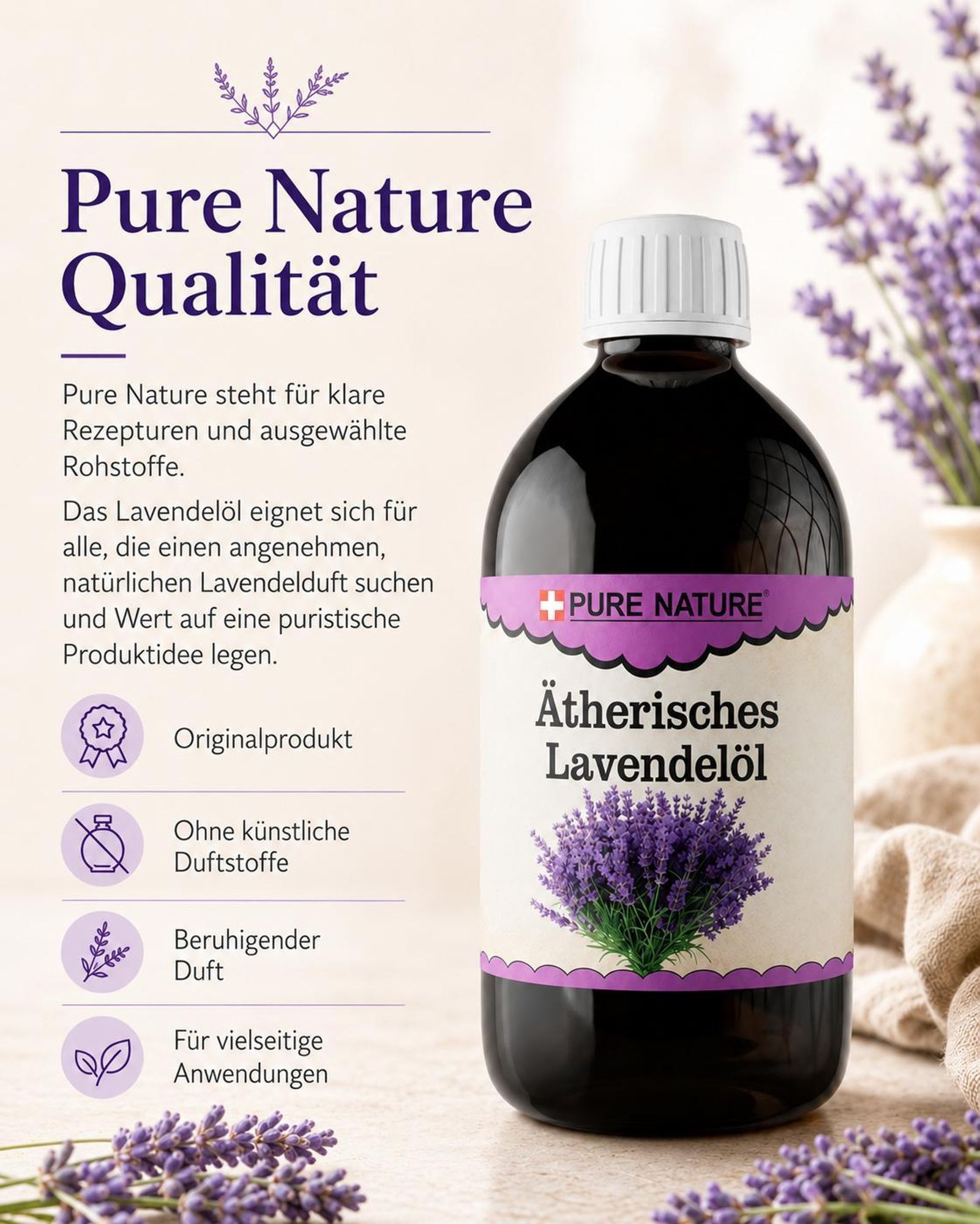 Pure Nature Lavendelöl mit Flasche, Lavendel und Hinweisen zu Qualität und natürlichem Duft.