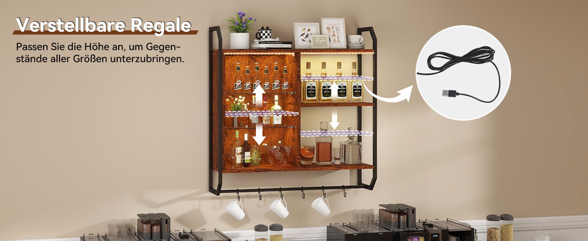 Puluomis Verstellbare Wandregal mit 6 Ablagen, 83x20x80cm, Holz Metall Hängeregal, RGB-LED-Lichter, Glas-Schweberegal, mit Hängestange Braun Schwarz
