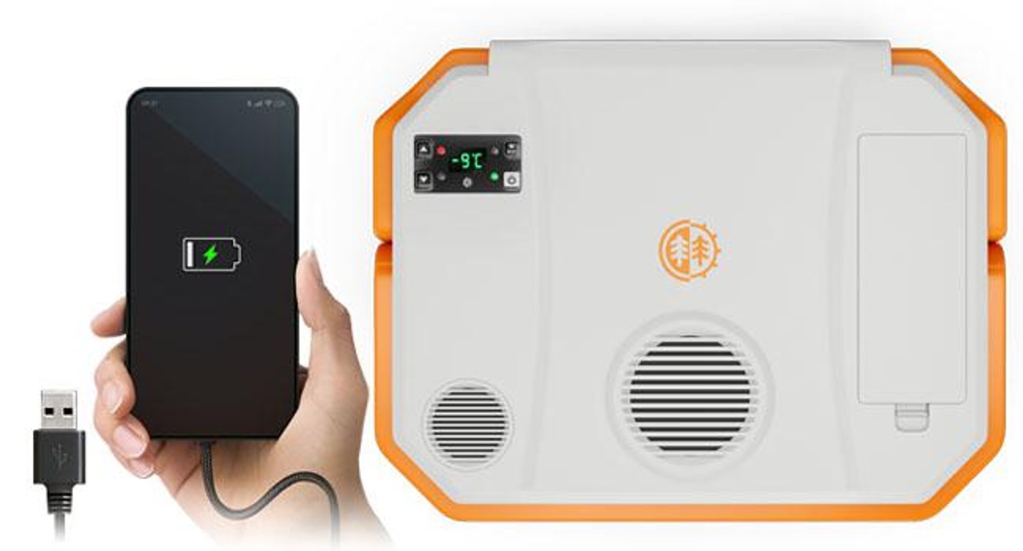 Peme Elektrische Kühlbox Trip Orange - Auto Camping, Kühlschrank, Bluetooth, Lautsprecher leise, Wärmebox Mini-kühlschrank, PKW LKW Reise, Zelt, USB
