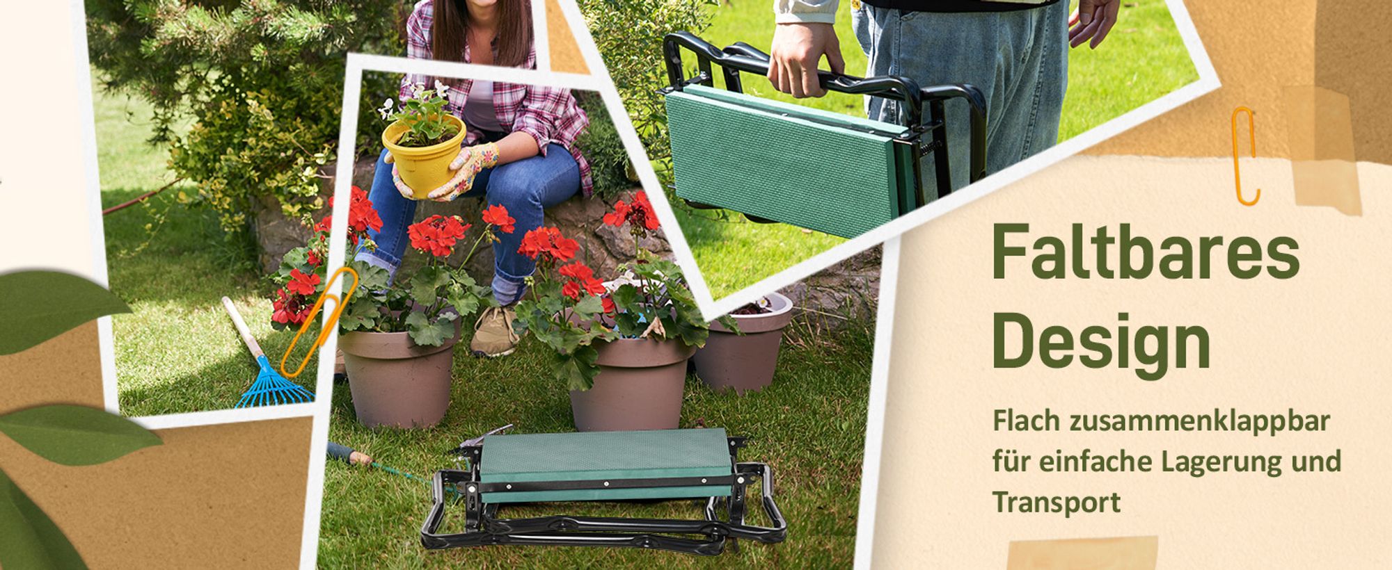 Outsunny Kniebank Gartenhocker 2-in-1 Kniehilfe Klappbar Werkzeugtasche EVA