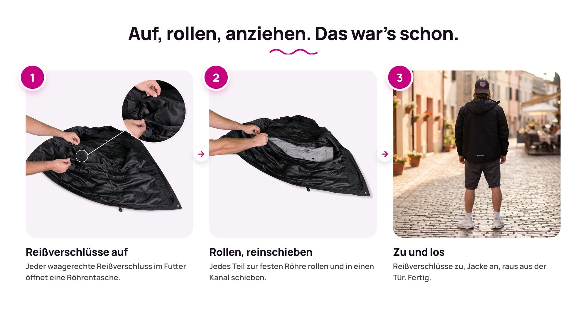 Schritt für Schritt: Kleidung in die Röhrentaschen der Ryanwear Packjacke packen