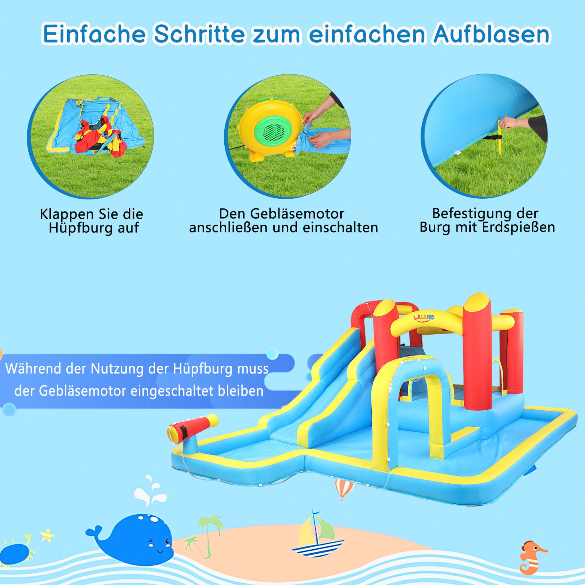 FCH Aufblasbare Hüpfburg mit Gebläse,Wasserrutsche aufblasbar Spielpool Wasserspielcenter Wasserpark,  465 x 365 x 195cm