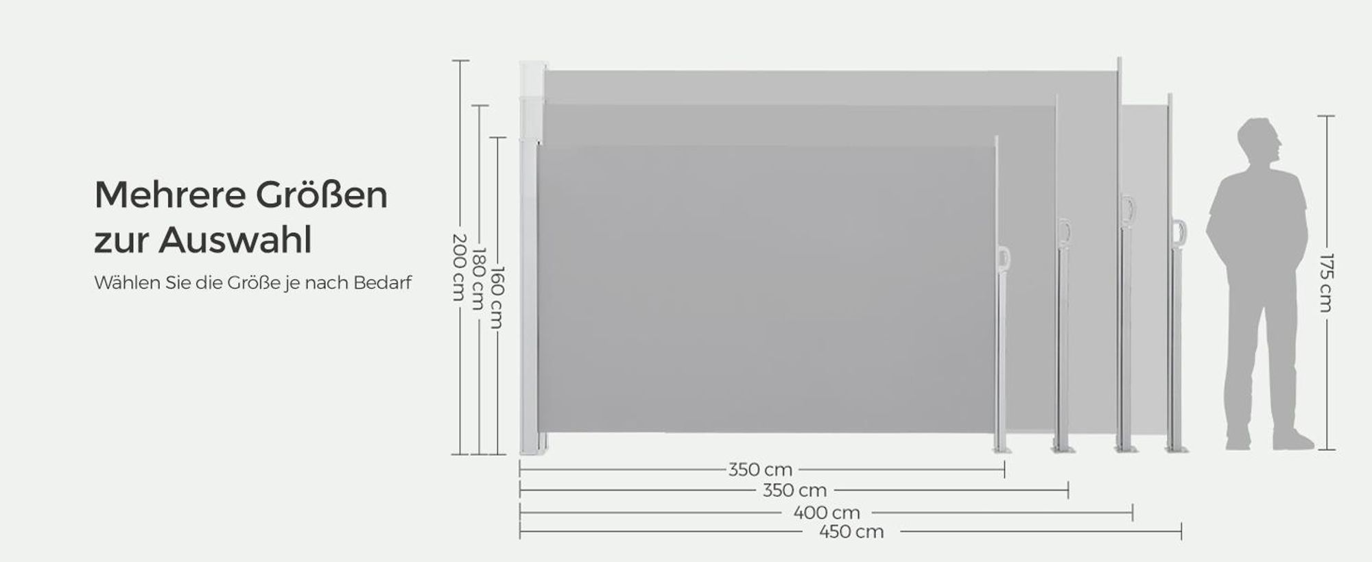 SONGMICS Seitenmarkise, ausziehbar, 200 x 400 cm, aus 220 g/m² Polyester, Sichtschutz, Sonnenschutz, blickdicht, Seitenrollo, für Balkon, Terrasse, Garten, hellgrau ASG504G03