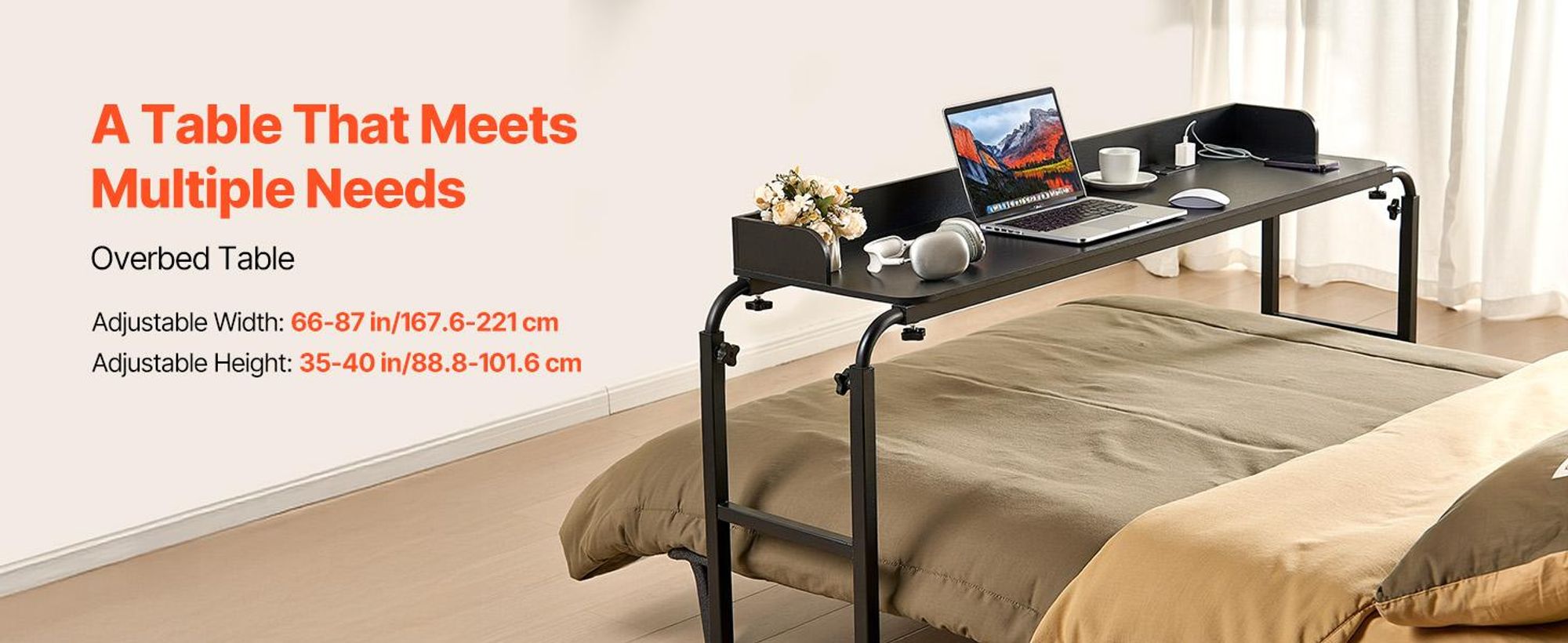 VEVOR Überbetttisch mobiler Betttisch mit 4 Rollen und Steckdose, höhenverstellbarer Laptop-Rolltisch, Tragbarer Spanplatten-Überbetttisch