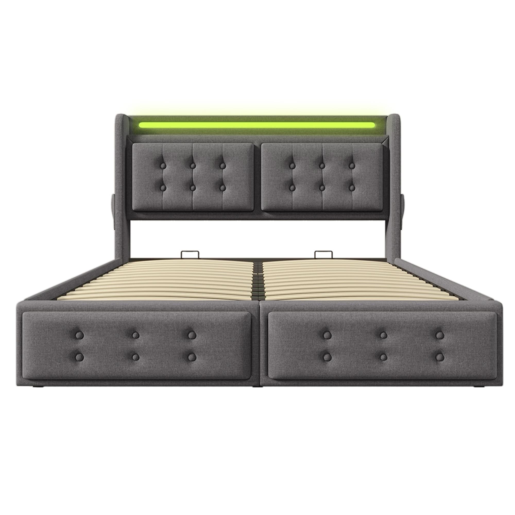 Flieks Polsterbett 180x200cm mit Ladefunktion, Doppelbett Jugendbett mit LED, Hydraulisches Stauraumbett Boxspringbett mit Lattenrost, Baumwolle, Grau