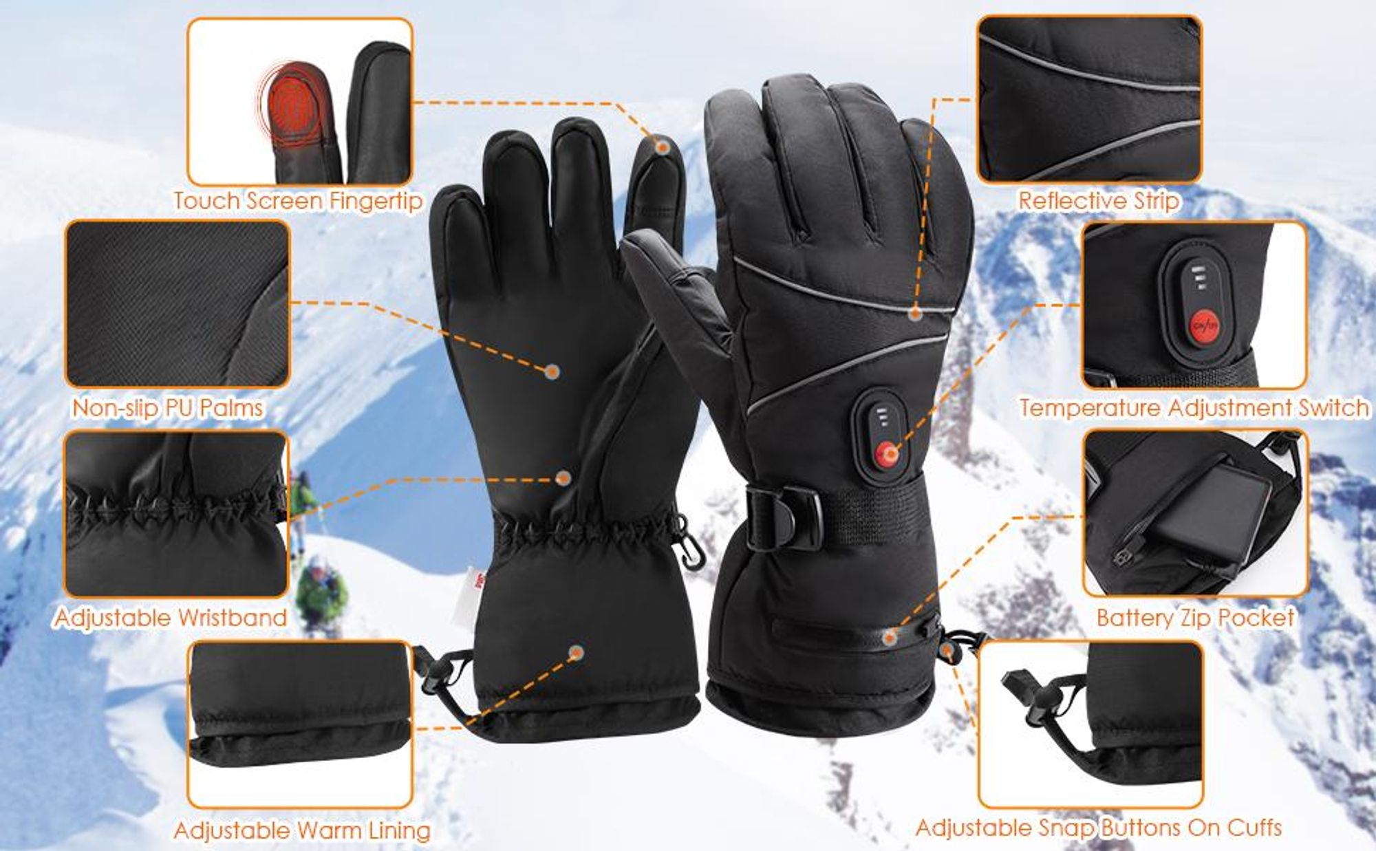 Beheizbare Handschuhe, Beheizte Handschuhe für Männer und Frauen, mit 5V 6000mAh Wiederaufladbarer Akku, 3 Heiztemperatur