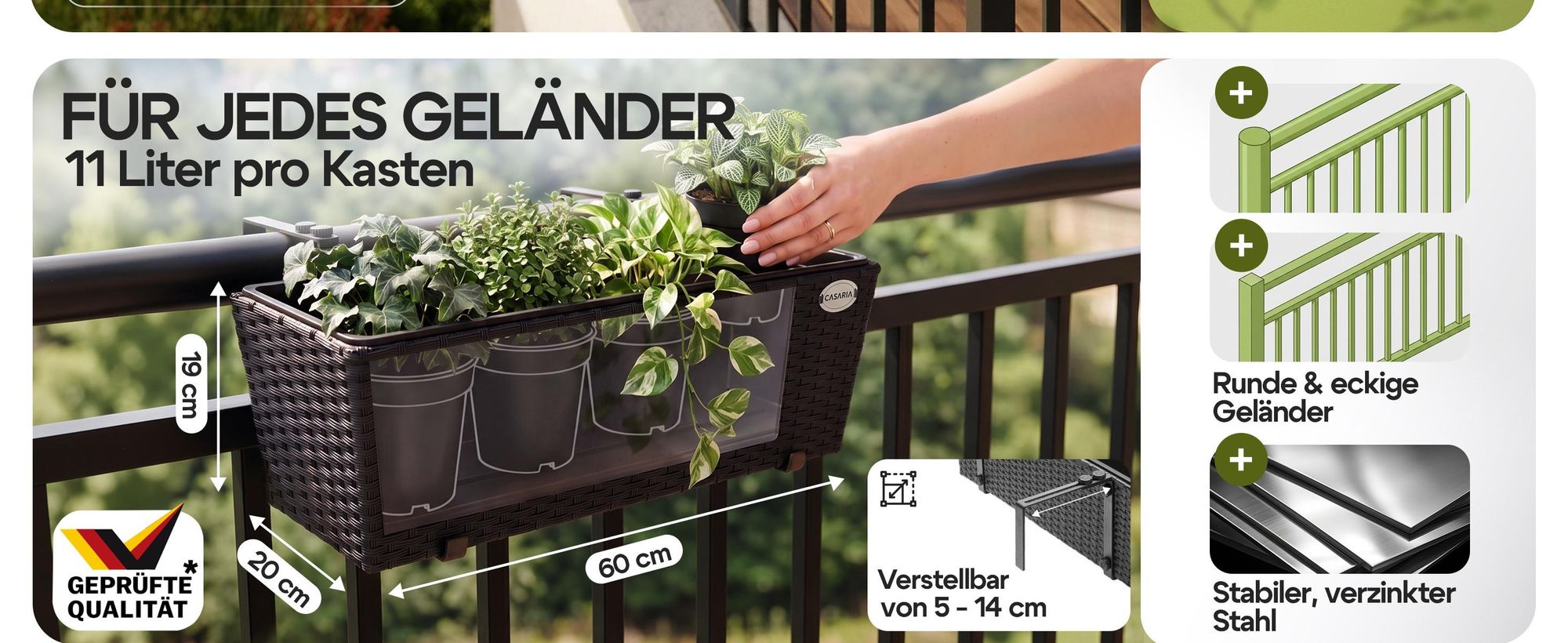 CASARIA® Blumenkasten 2er Set 11 Liter Montagehalterung indoor outdoor Geländerkasten Balkonkasten Pflanzkasten schwarz