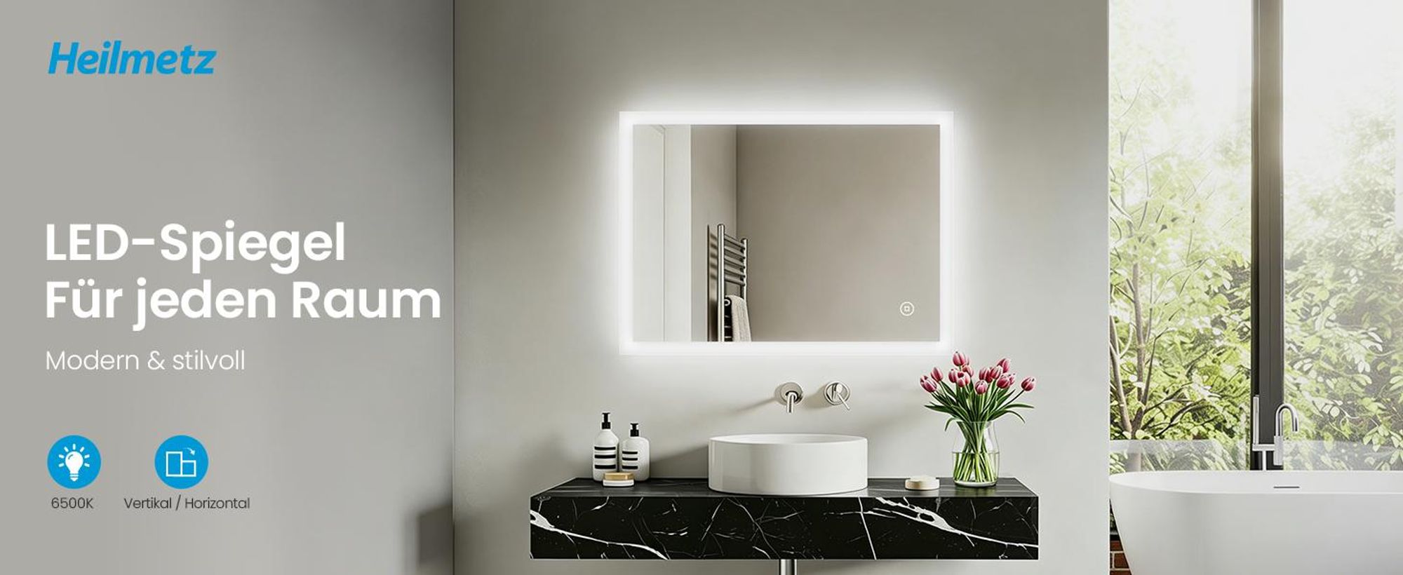 Heilmetz LED Badspiegel 50 x 70 cm Badezimmerspiegel Wandspiegel Lichtspiegel Kaltweiß 6500K Dimmbar Touch-Schalter Memory-Funktion
