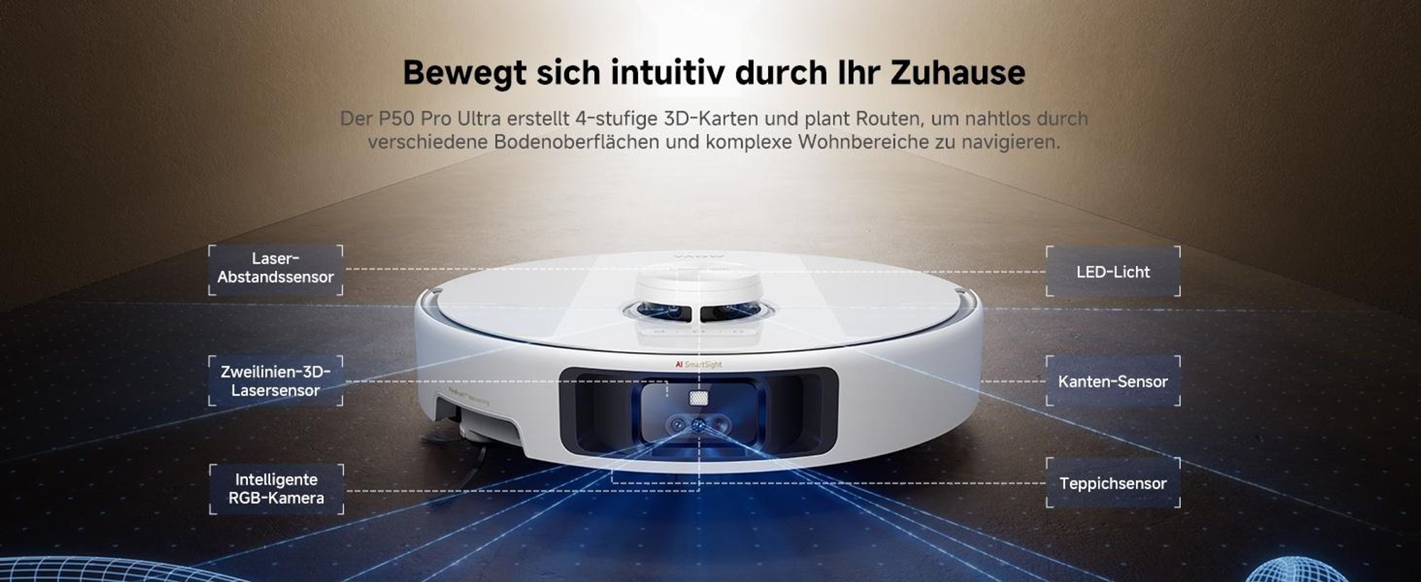 MOVA P50 Pro Ultra Saugroboter 19.000 Pa, Mopp 75 °C, LDS, AI+LED Hindernisvermeidung + Reinigungsflüssigkeit
