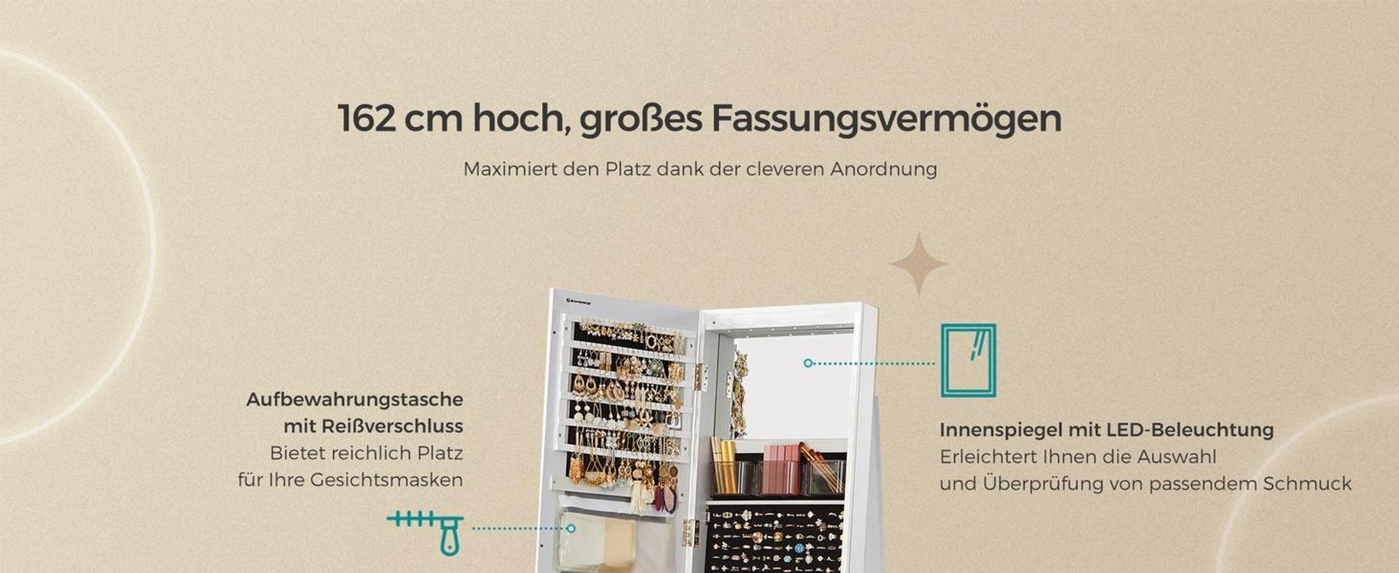 SONGMICS Schmuckschrank mit LED und Spiegel, 3 Ablagen, 360° drehbar, weiß