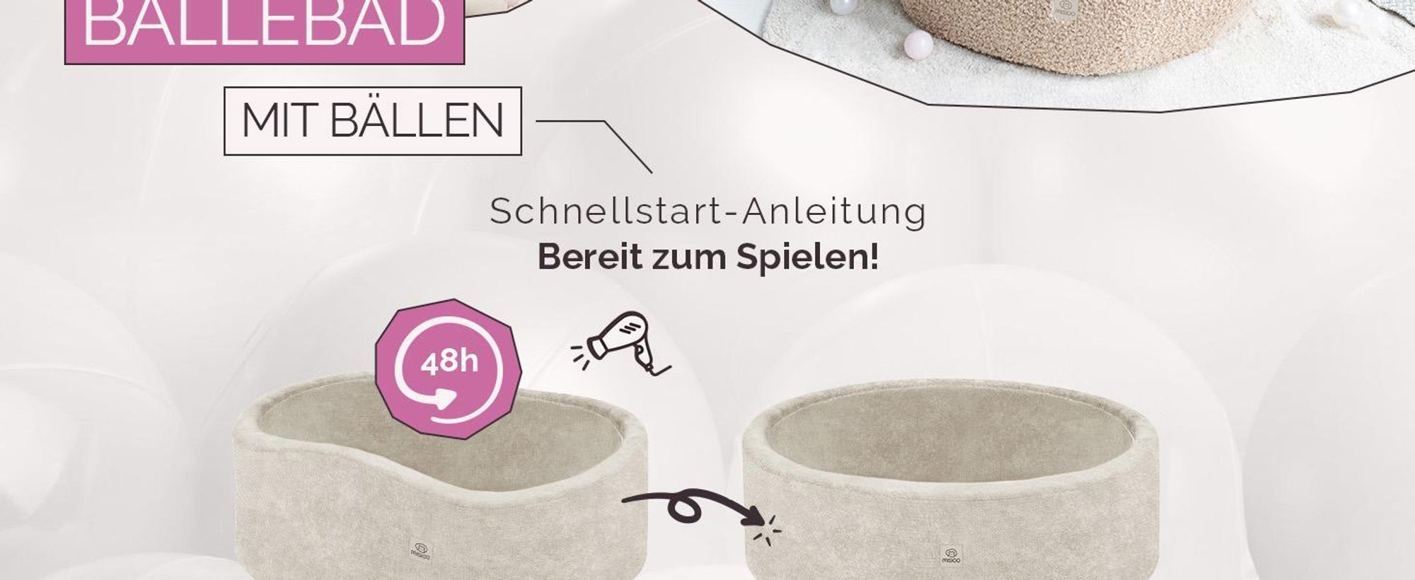 MISIOO Bällebad Baby 90x30 cm mit 200 Bällen Ø6 cm – Kinder Bällebad Rund, Weicher Schaumstoff, Bezug Abnehmbar Waschbar, Indoor Spielpool