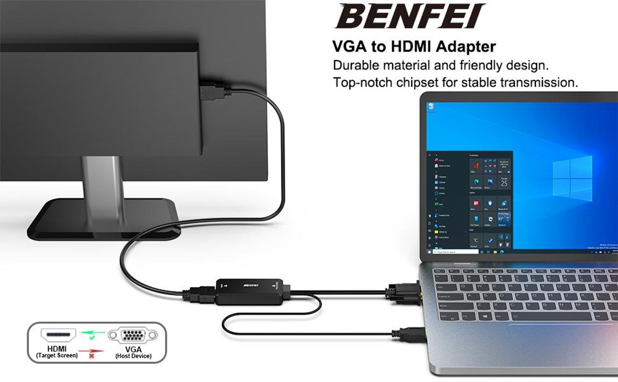 BENFEI Kabeladapter VGA auf HDMI Adapter mit Audio Konverter 1080p