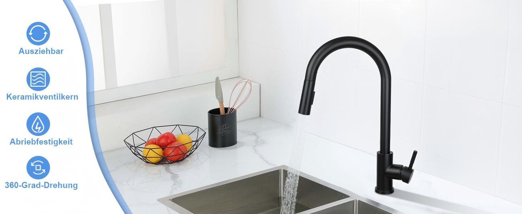 ZMH Keukenmengkraan, zwart, uittrekbaar, met douche. RVS mengkraan voor de spoelbak, 360° draaibaar, met 2 standen