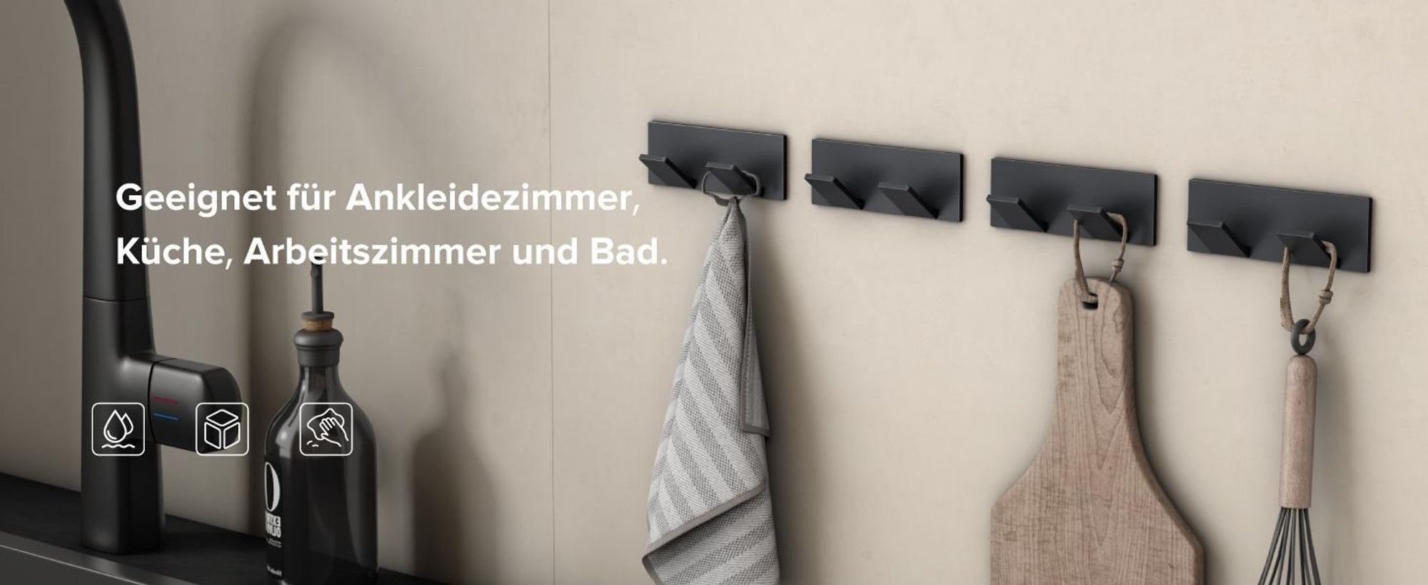 doporro Garderobenhaken Edelstahl, Kleiderhaken Wand mit 2 Haken, selbstklebend & ohne Bohren Matt schwarz für Jacken, Handtücher Stalo-02