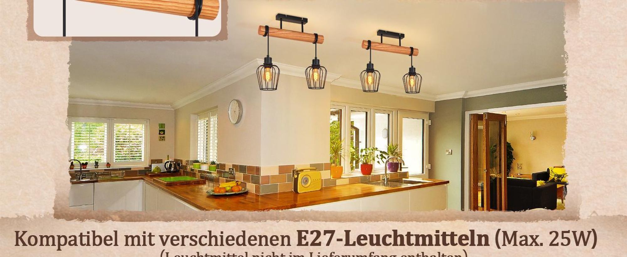 ZMH Deckenleuchte Holz Deckenlampe Flur Schwarz Küchenlampe 2 flammig Metall E27 Fassung für Küche Wohnzimmer Esszimmer Ohne Leuchtmittel