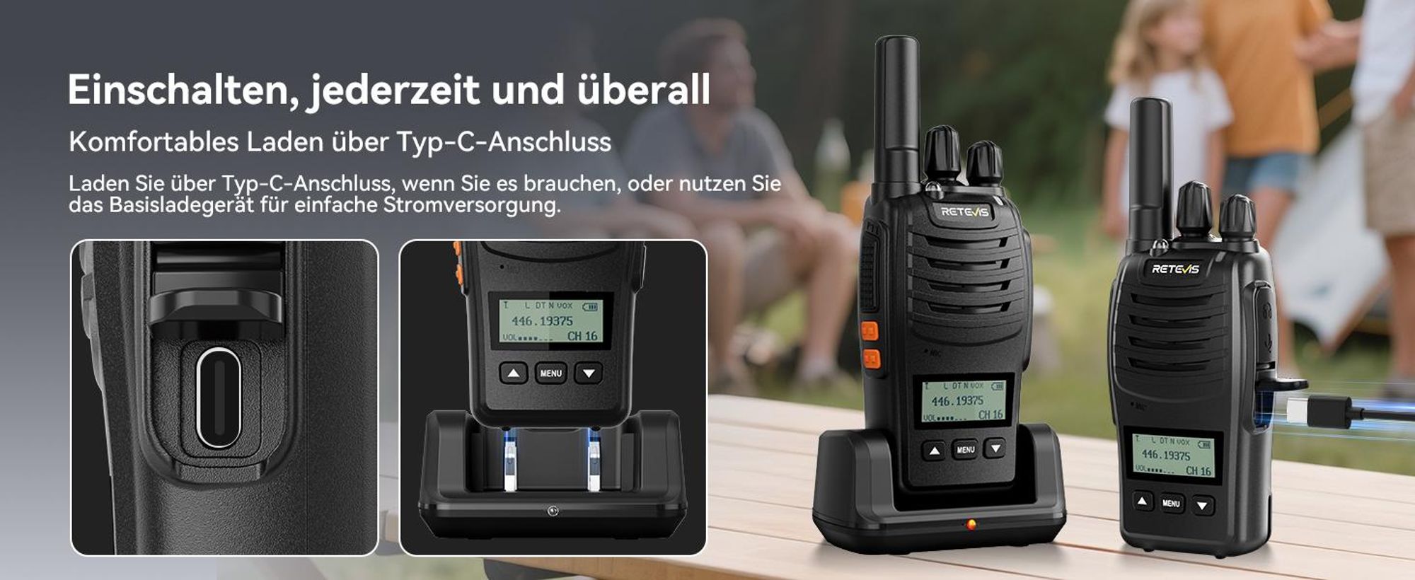 Retevis H777D Walkie-Talkie, LCD-Bildschirm, PMR446, Typ-C-Aufladung, 1200 mAh, Einfaches Pairing, VOX, Notfallalarm, Funkgeräte für Familie, Camping