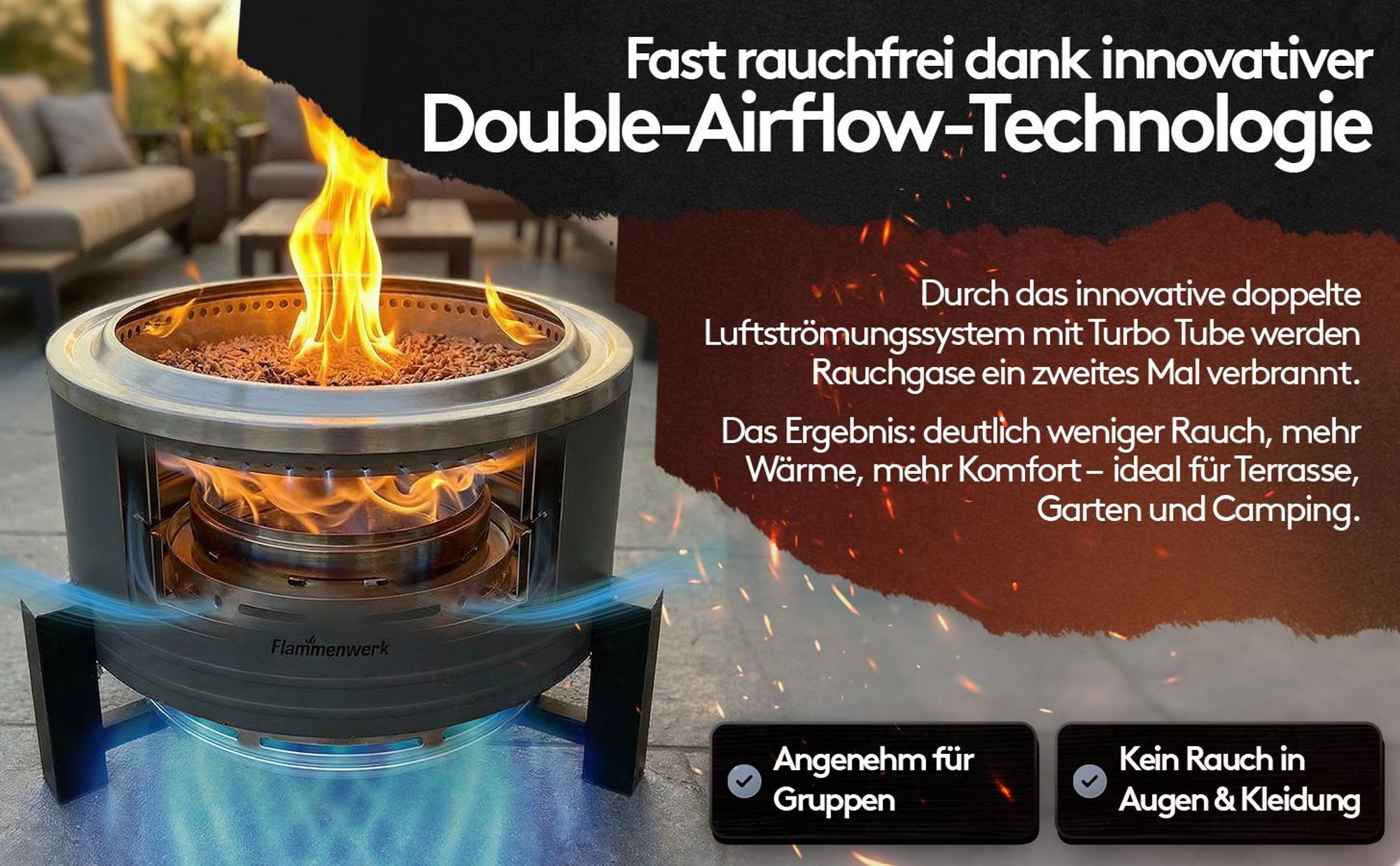 Flammenwerk 15 Zoll Smokeless Fire Pit Feuerstelle mit Sekundärverbrennung, Outdoor Feuerschale Ø 38,4 cm mit Grillrost, Standfuß und Schürhaken, raucharme Garten Feuerstelle aus Stahl für Terrasse Camping Garten