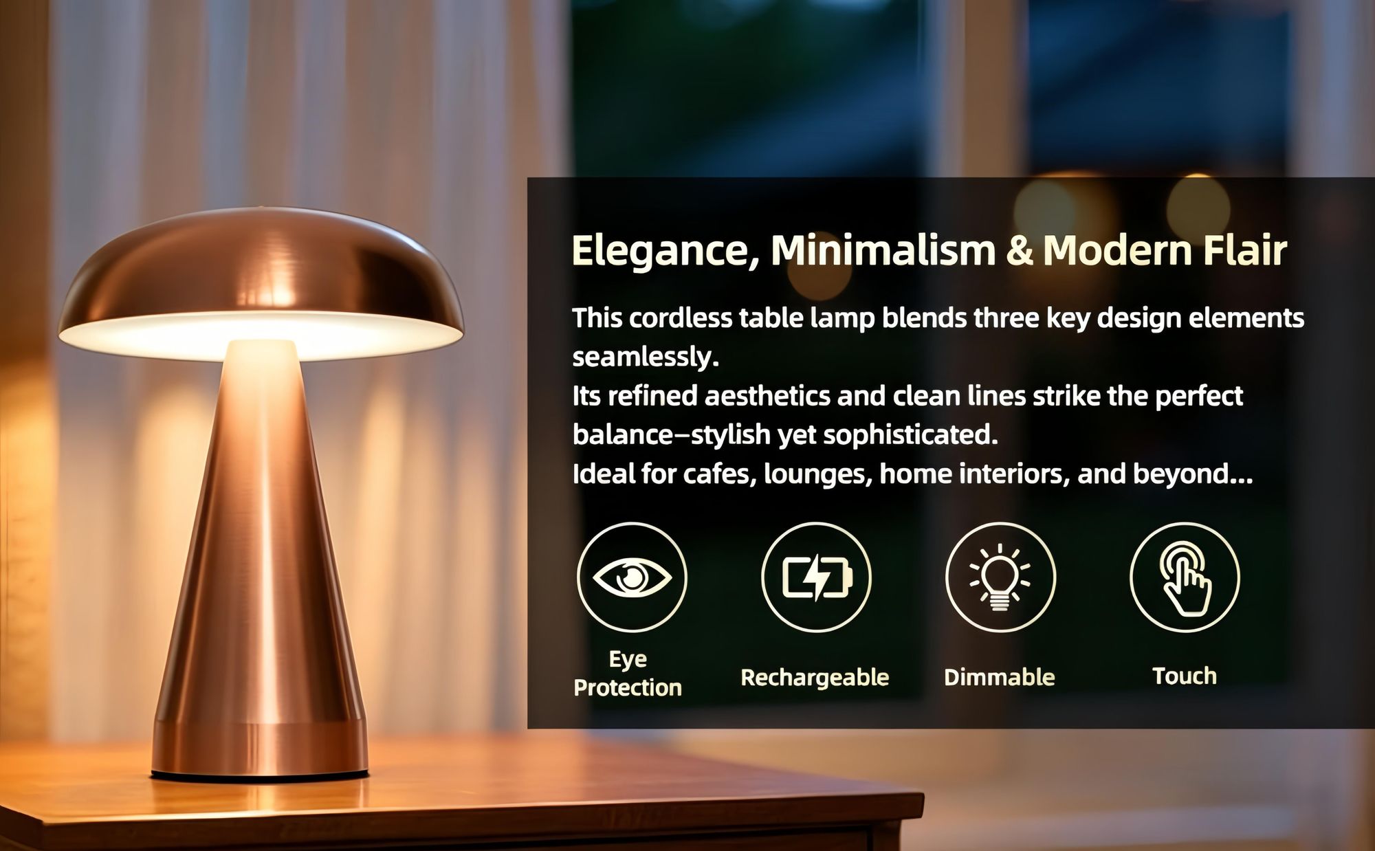 LED-Pilzlampe, tragbare Metall-Schreibtischlampe,USB-Aufladung Nachttischlampe, dreifarbiges Touch-Kabellos Dimmen, Augenschutz-Nachtlicht, Roségold