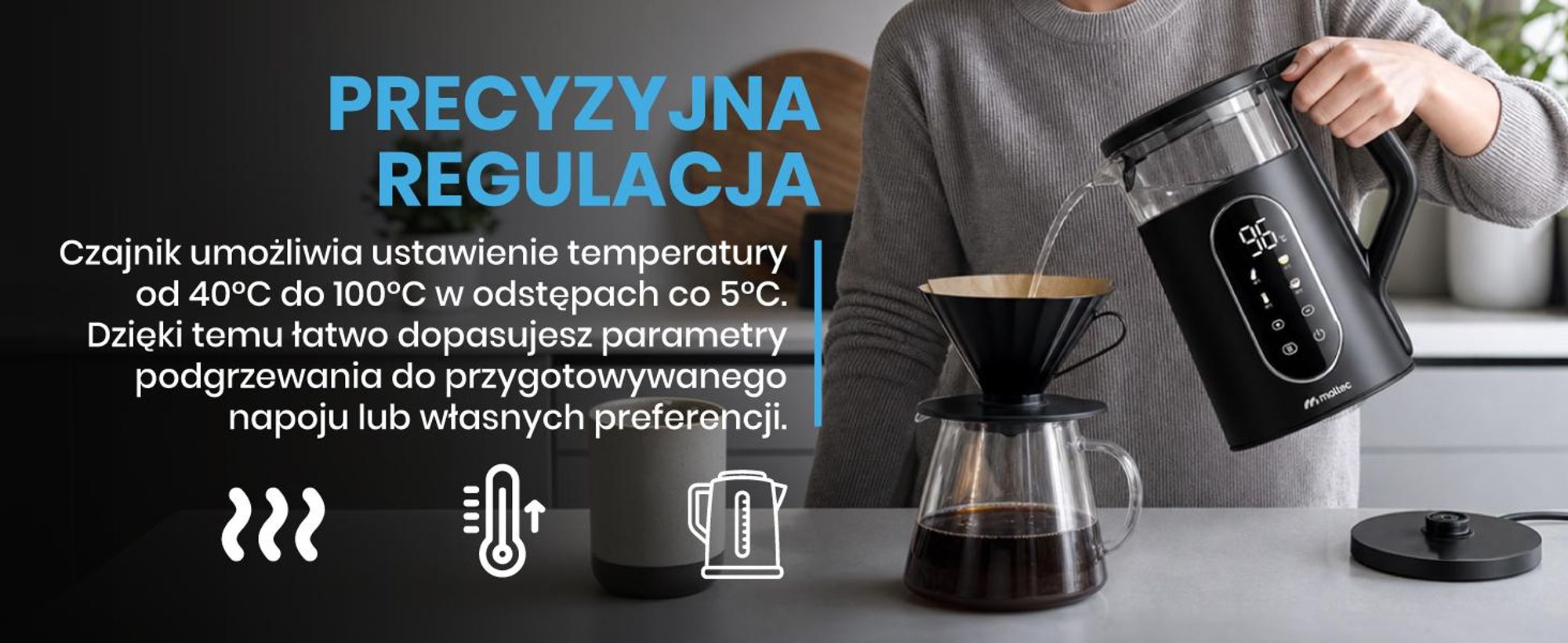 Czarny czajnik elektryczny o pojemności 1700 ml z regulacją temperatury 40-100 stopni mocy 2200W