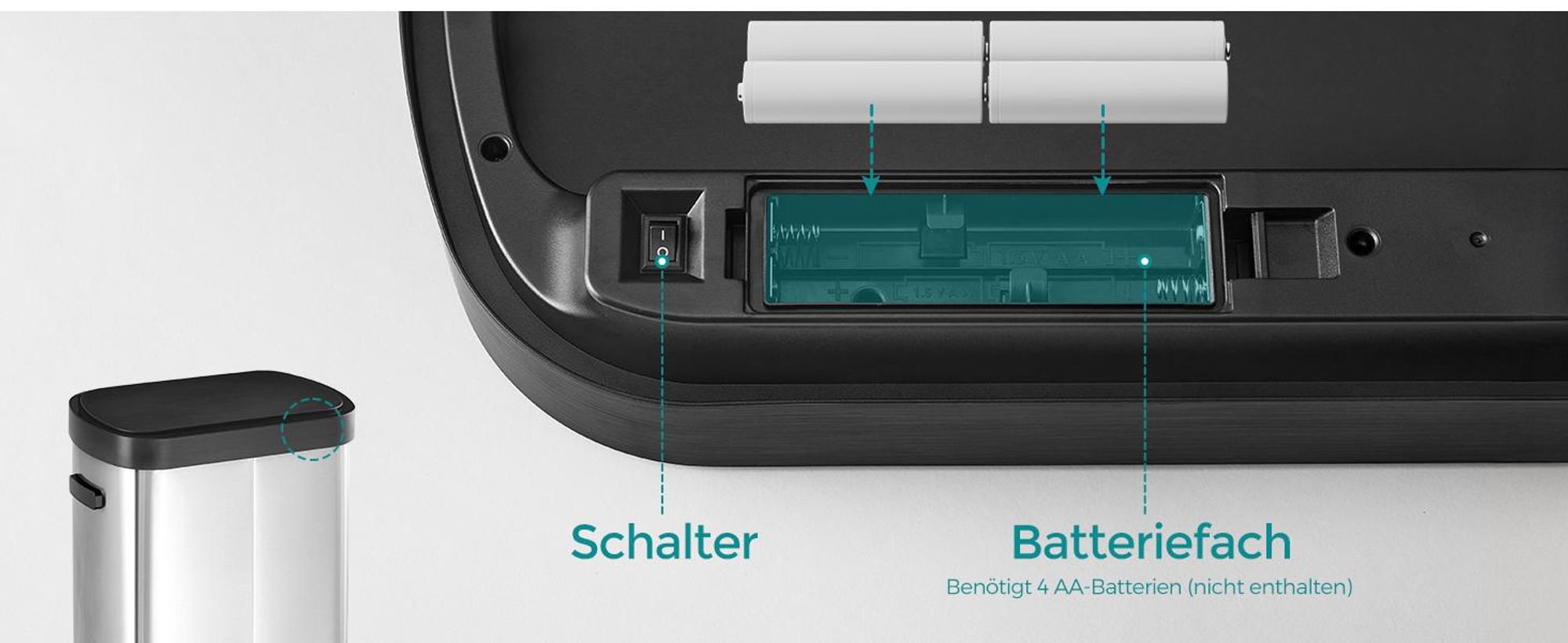 Mülleimer mit Sensor, automatischer Abfalleimer 50 L, Softclose-Deckel, Edelstahl, metallicsilber-tintenschwarz