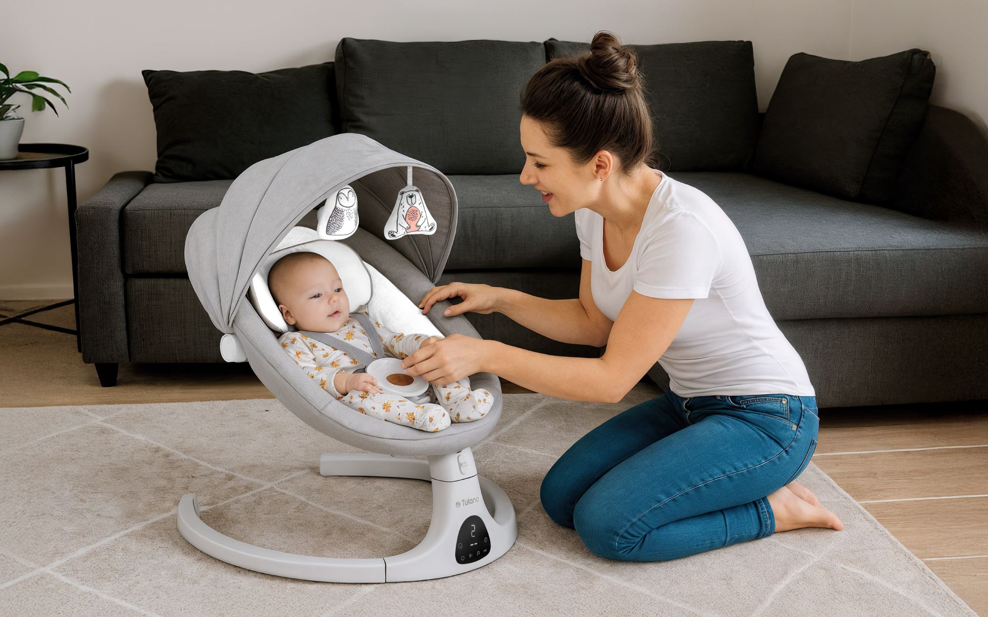 TULANO Astrid 35 Grau | Elektrische Kinderwippe Babywippe Babyzubehör | Automatische Wippfunktion mit Zeiteinstellung: 8, 15 oder 30 Minuten