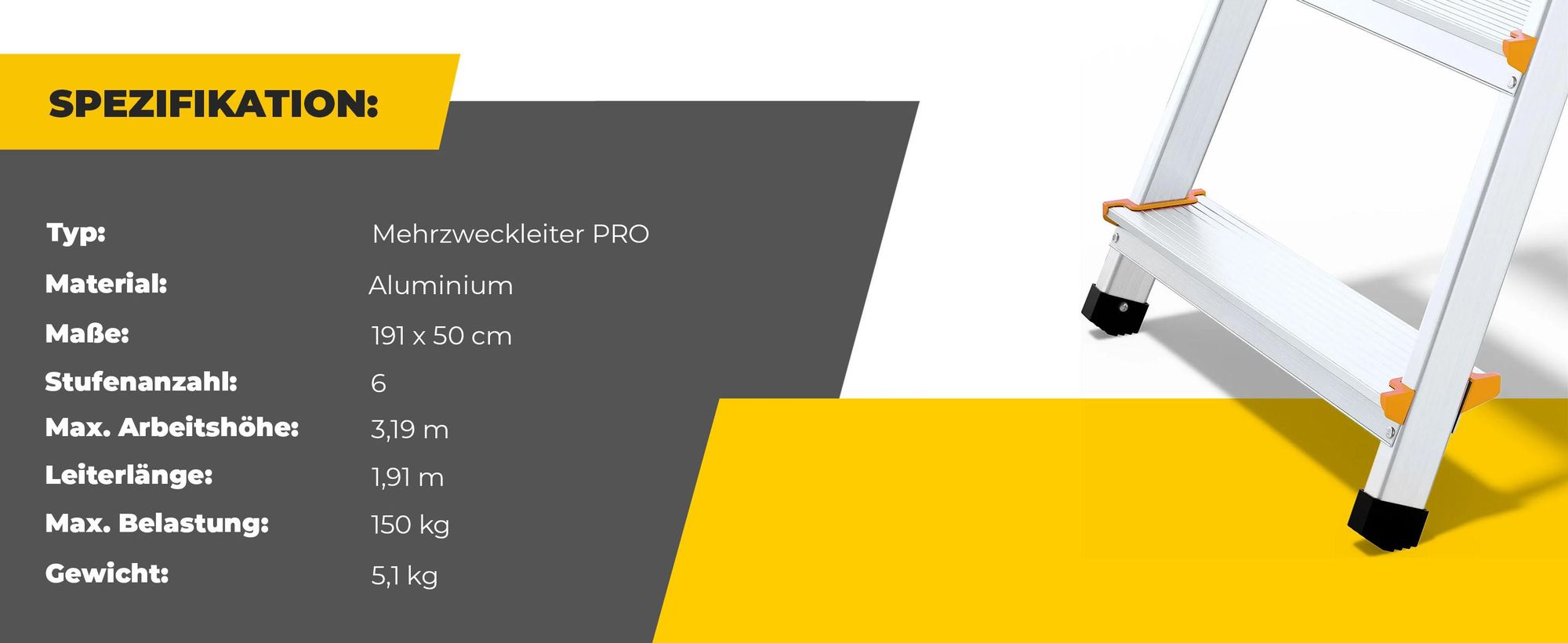 DRABEST | Leiter - Mehrzweckleiter -  Aluminiumleiter - PRO 6-stufige - mit Regal - bis zu 150 kg
