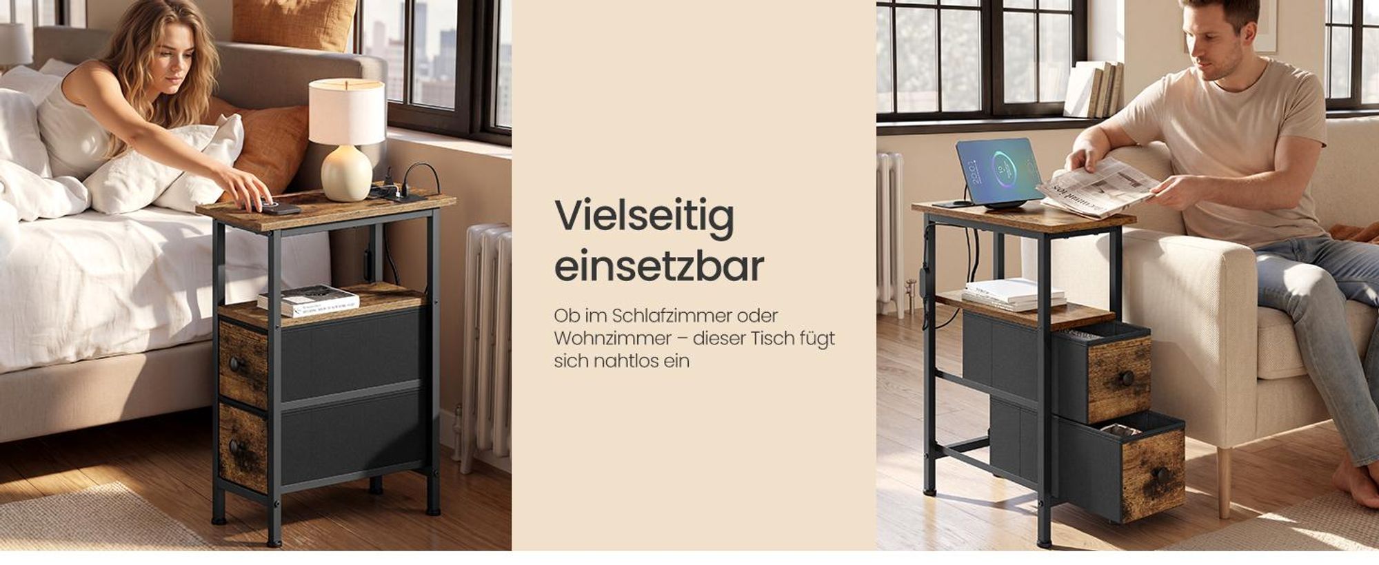 SONGMICS BELLAH Kollektion - Beistelltisch, Nachttisch mit Steckdosenleiste, Sofatisch mit LED-Beleuchtung, 2 Schubladen, Nachtschrank, Wohnzimmer