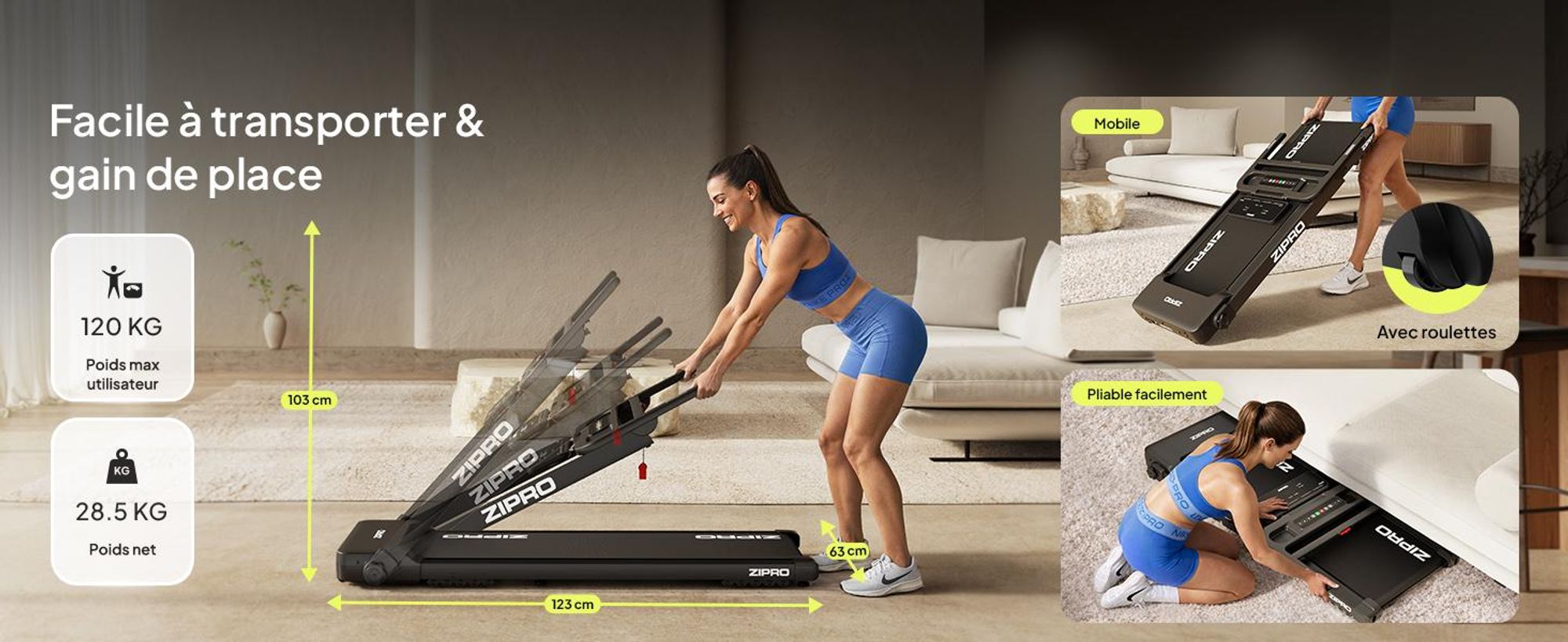 Tapis de course électrique pliable ZIPRO Forma Lite – Design ultra plat, vitesse maximale de 12 km/h et capacité de charge de 120 kg – Compatible avec l'application Bluetooth, tapis de course silencieux