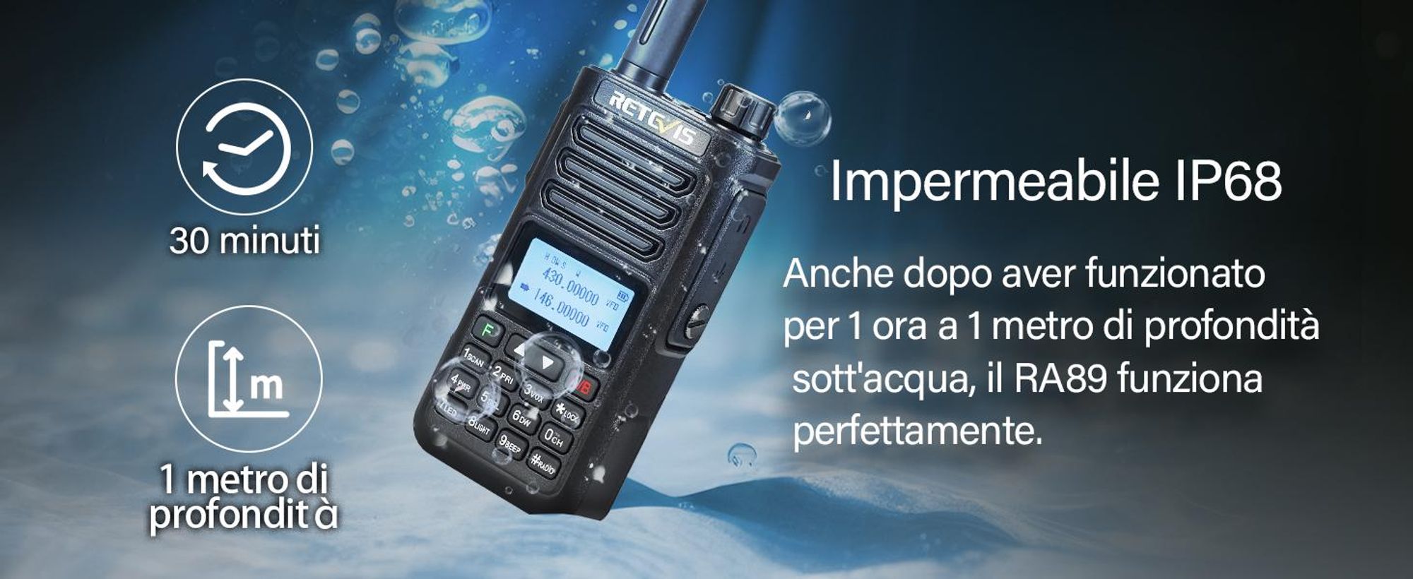 Radio amatoriale Retevis RA89, alta potenza, impermeabile IP68, doppia banda, VFO, batteria da 2500 mAh, Walkie-Talkie ricaricabile di tipo C (2 pezzi, nero)