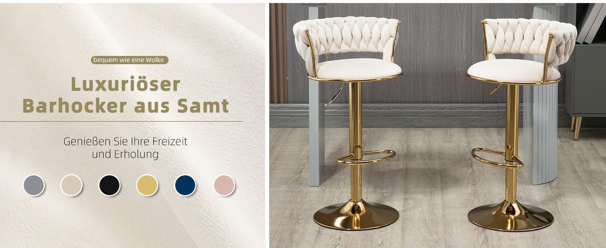 LVHOM 2er Set Barhocker Barstuhl mit Rückenlehne, Tresenhocker Samtbezug höhenverstellbar Hocker 360° drehbar, Goldene Metallsockel, Ivory