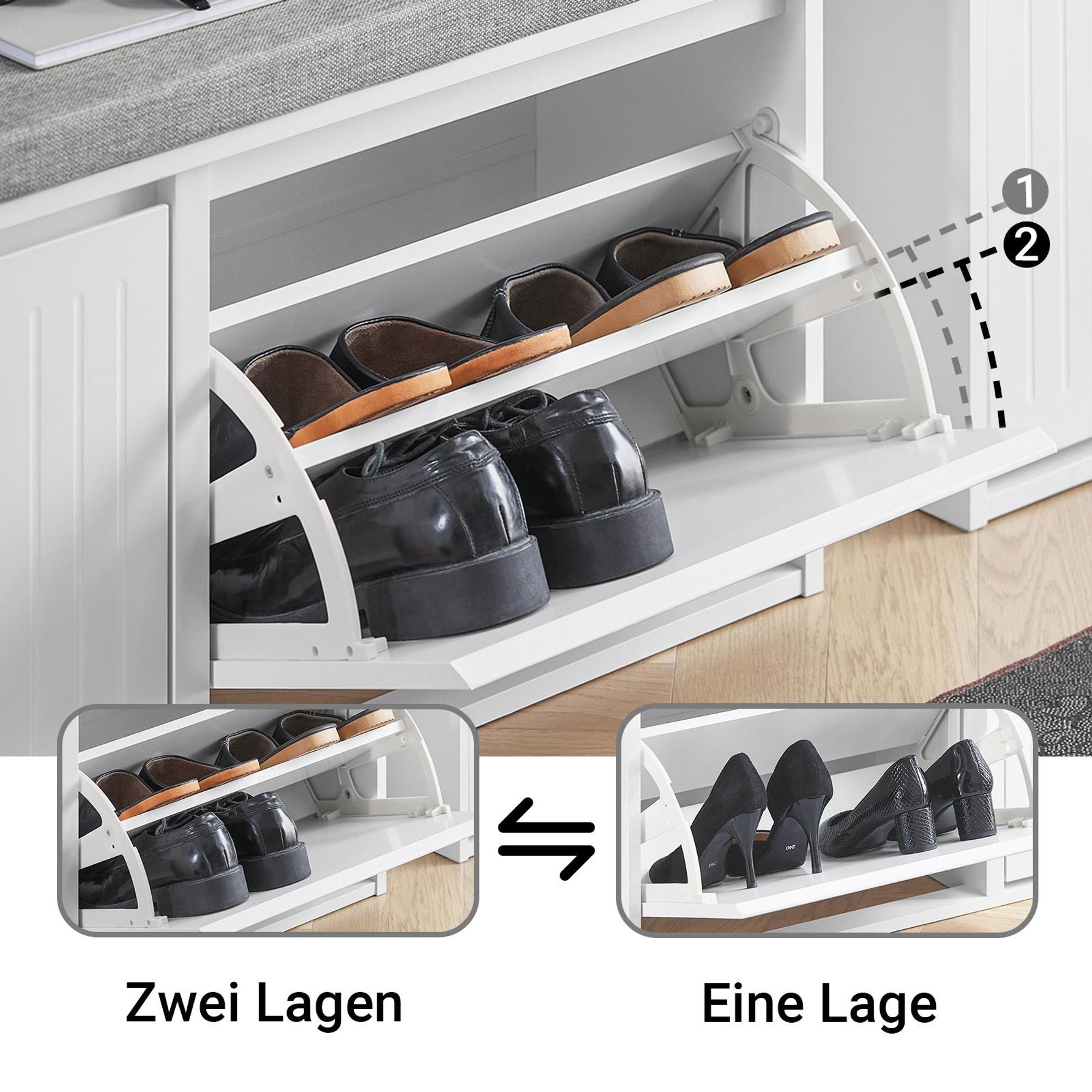 SoBuy Schuhbank mit Sitzkissen und Stauraum Sitzbank für Flur mit verstecktem Fach platzsparende Schuhbank Weiß für Eingang und Wohnbereich FSR98-XL-W