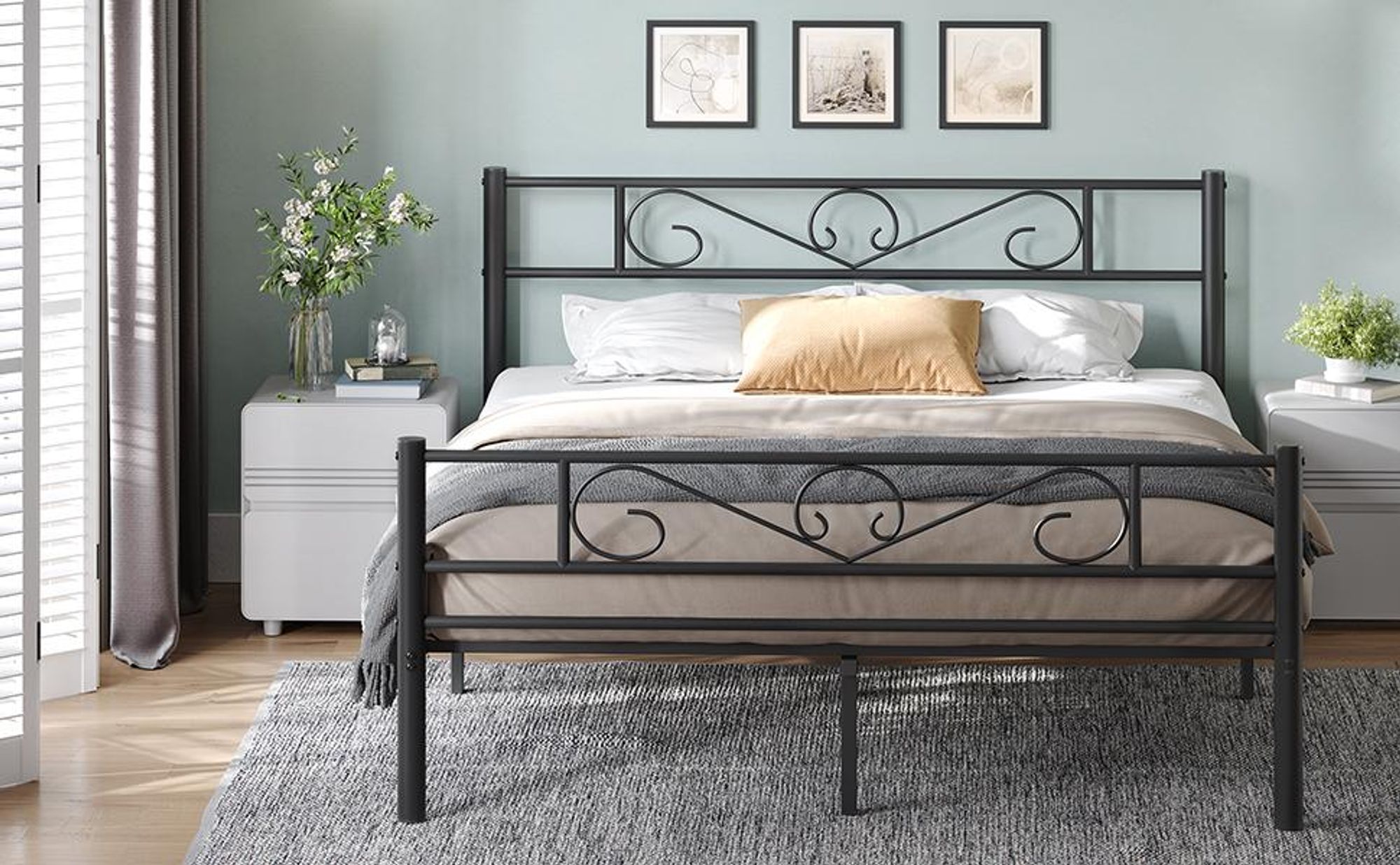 VASAGLE Bettgestell 160 x 200 cm, mit Kopfteil, Metallbett, Bettrahmen
