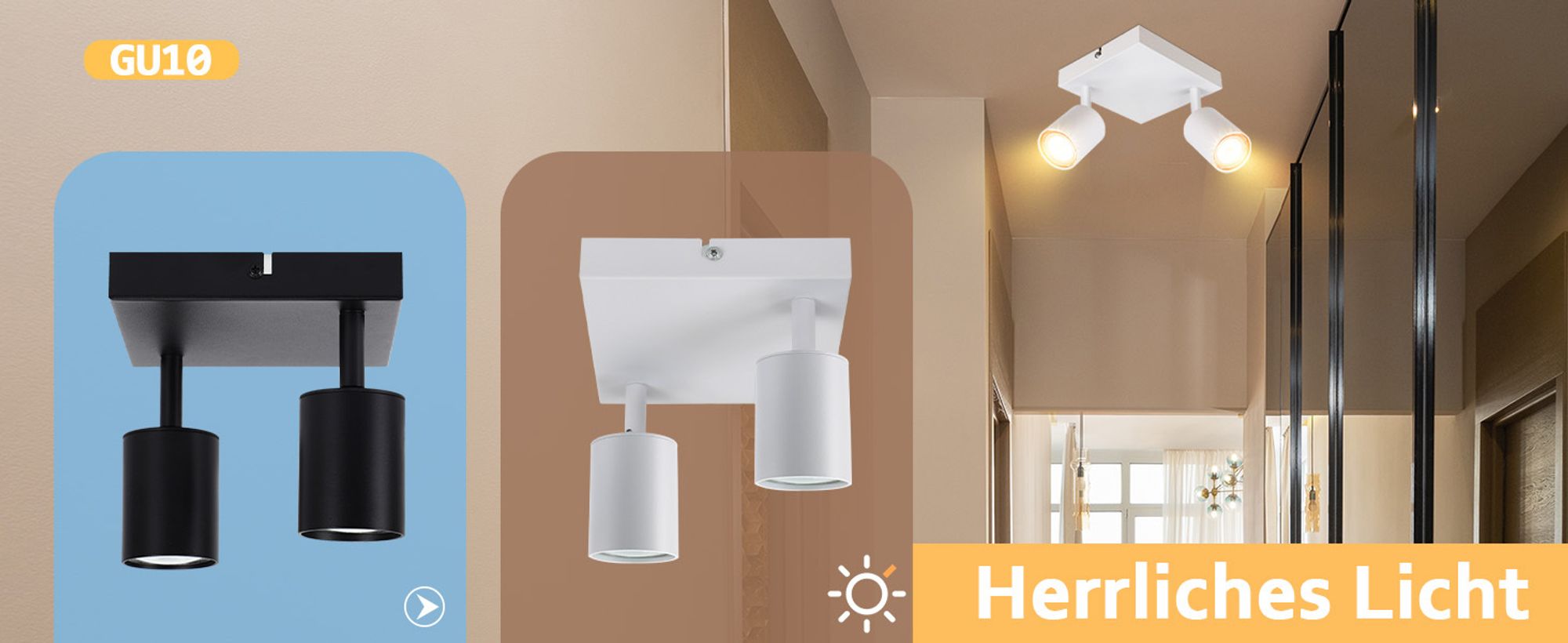 ZMH LED Deckenlampe Weiss Deckenleuchte 2 Flammig GU10 Deckenspots Flur aus Metall Modern Flurlampe330° schwenkbar eckig Spotleuchte Ohne Leuchtmittel