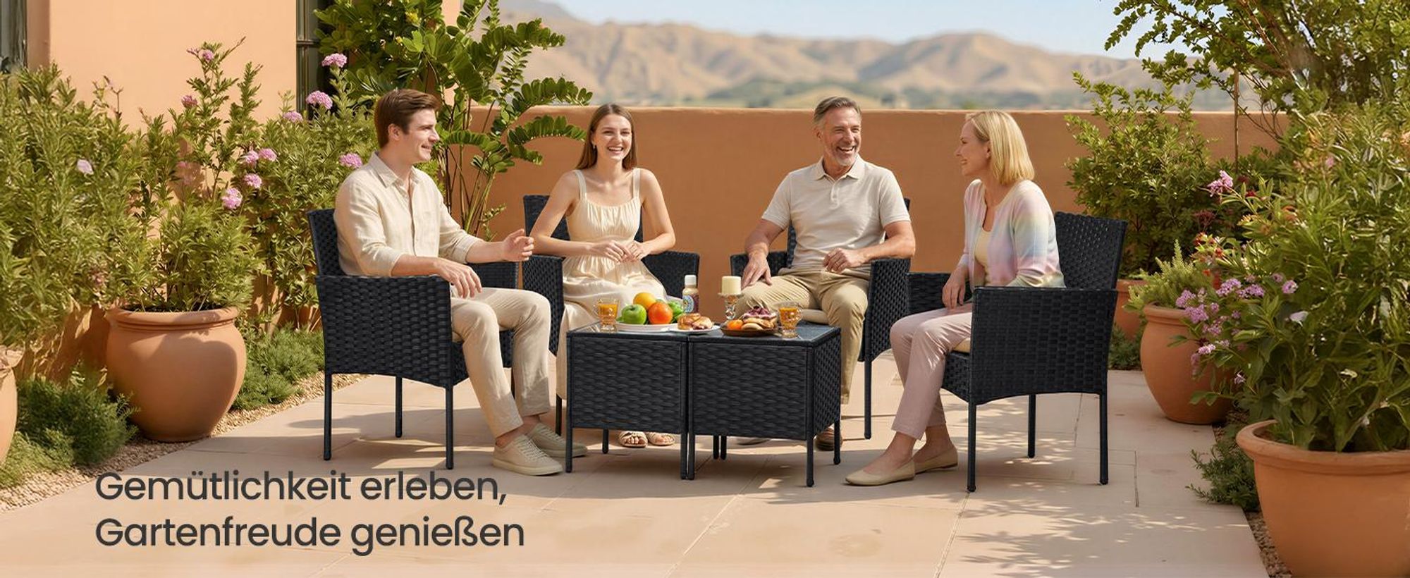 SONGMICS (3-tlg) Balkonmöbel, Gartenlounge-Set, aus PE-Polyrattan, Tisch und 2 Stühle, schwarz-taupe