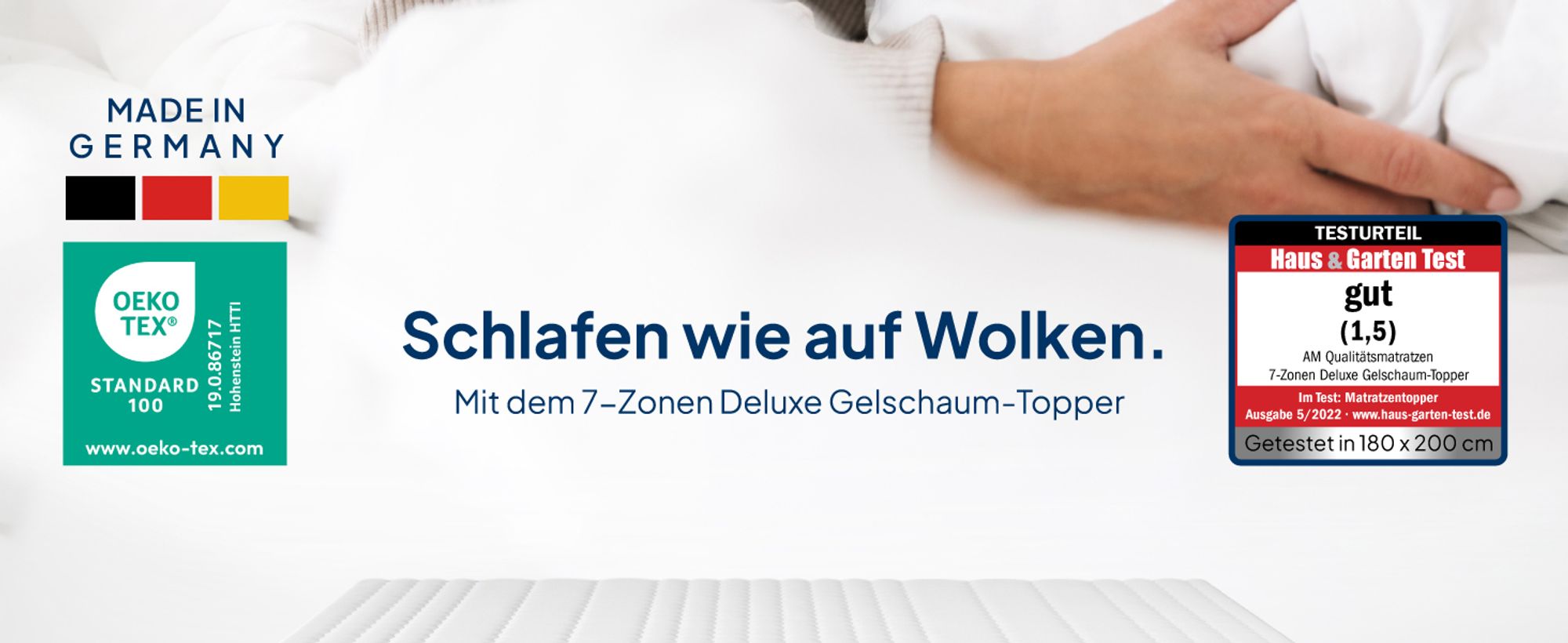 AM Qualitätsmatratzen | 7-Zonen Deluxe Gelschaum-Topper | 150x200 cm | 8 cm Höhe | Matratzentopper | 150/200 | Gel Topper | 7 Zonen