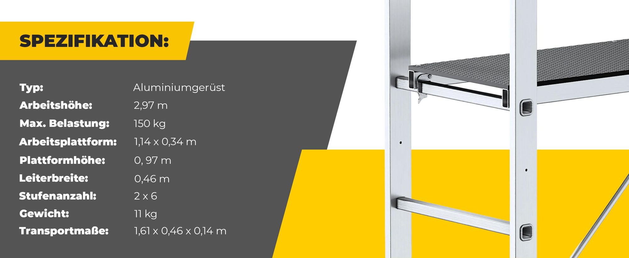Drabest |  Aluminiumgerüst - gerüst - Mehrzweckleiter - Leitergerüst - 2x6 - leiter gerüst - 150kg - plattform aluminium gerüst - 33x114 cm
