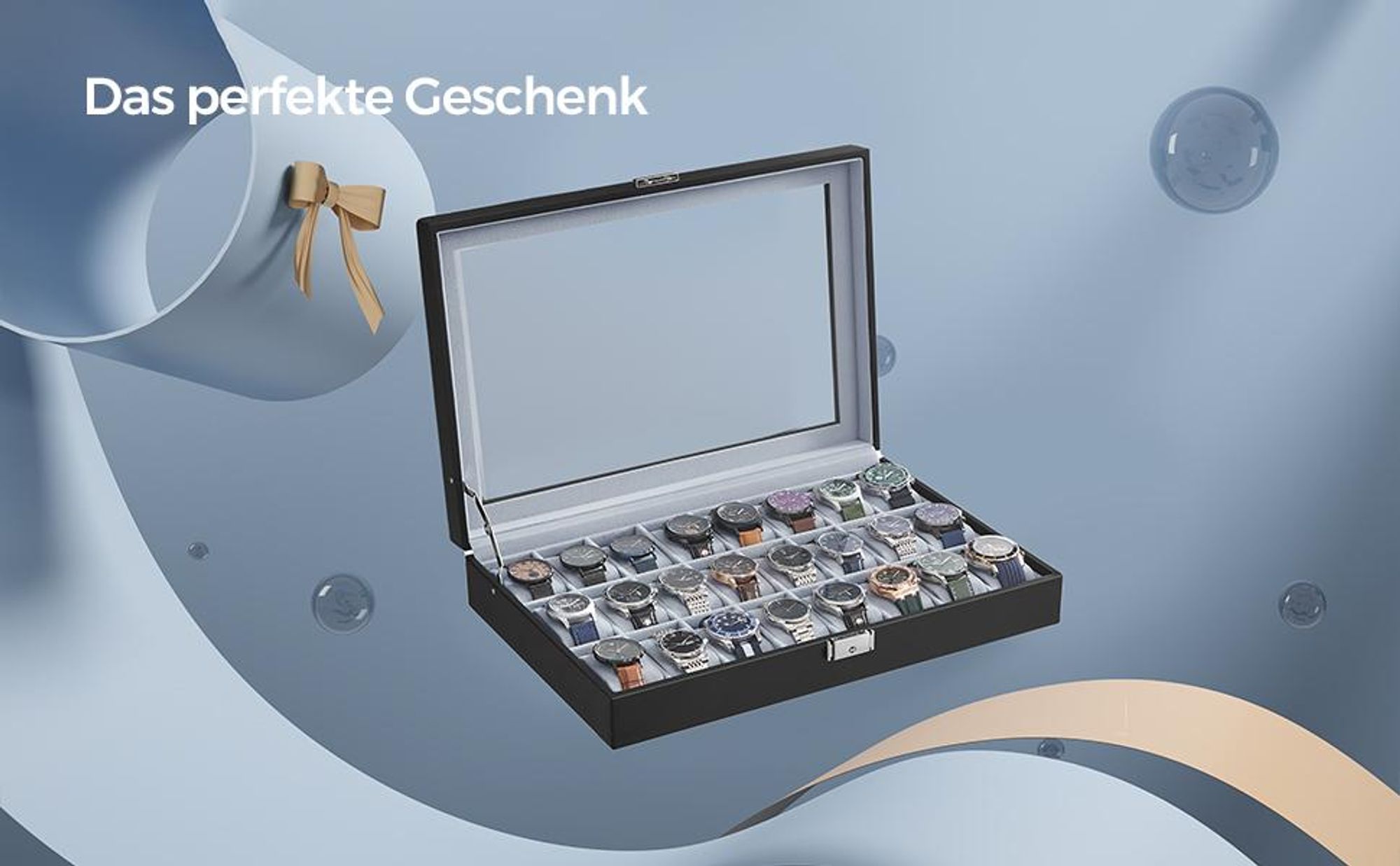 SONGMICS Uhrenbox, abschließbarer Uhrenkasten, Uhrenkoffer, Organizer für Uhren, mit 24 Fächern, Glasdeckel, Geschenk für die Liebsten, PolyurethanBezug in Schwarz, Samtfutter in Grau BWJ024