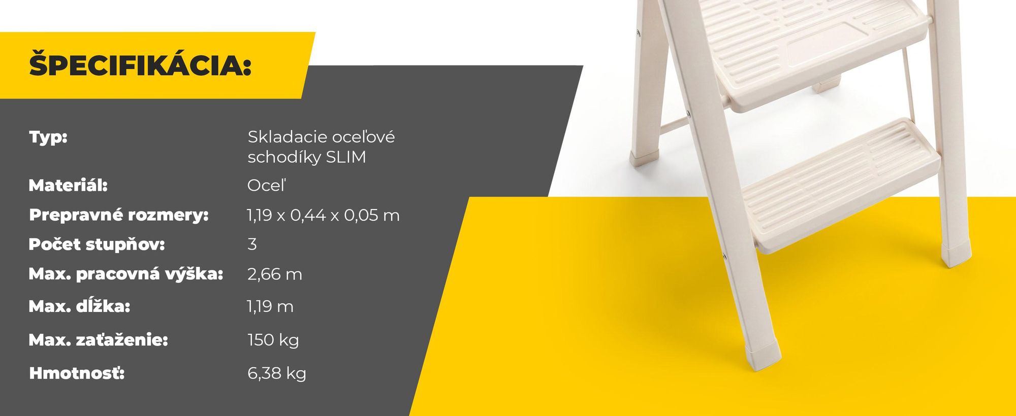 Drabest | Domáce schodisko Slim - 3 schody - Sklopné - Maximálna nosnosť 150 kg - Krémová farba