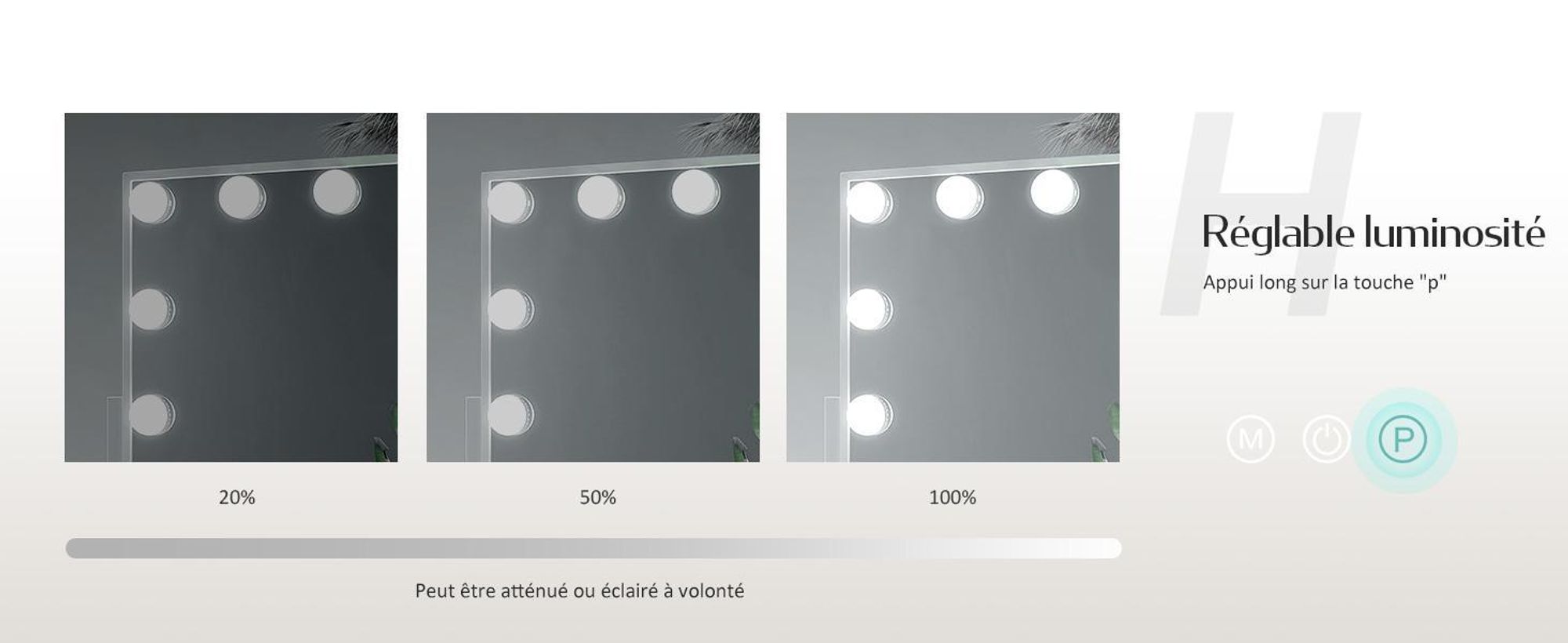 Miroir cosmétique EMKE avec éclairage LED 47,5 x 36,5 cm Miroir de maquillage grossissement 7x 3 couleurs de lumière Intensité réglable Rotation à 360°, blanc