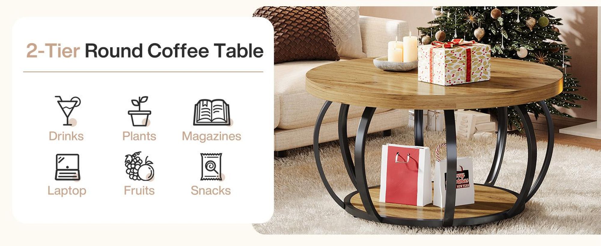 Tribesigns Runde Couchtisch, Industrial 2-Tier-Kreis Couchtisch mit Lagerung Regale, 80 cm Moderne hölzerne Akzent Mitte Tisch Wohnzimmer