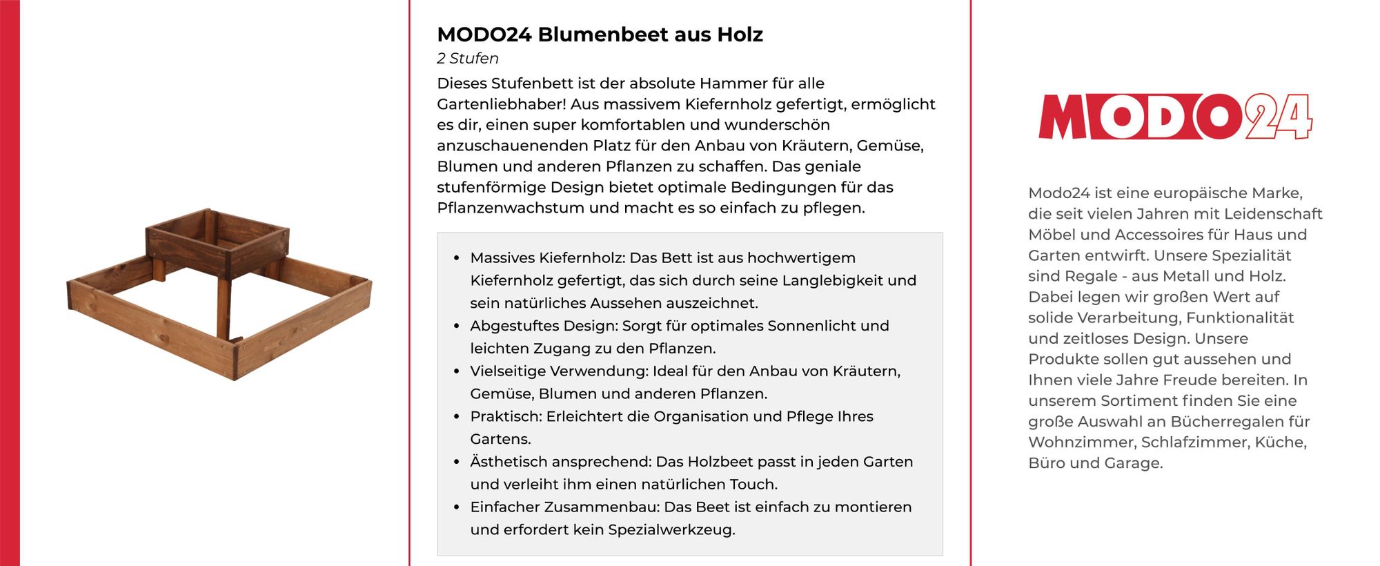 MODO24 Hochbeet Holz, Pflanzkasten, Massivholz, Kiefer, Kräuterbeet, Blumenkasten, Garten, Terrasse, 18x62x62 cm, Braun, ZP08