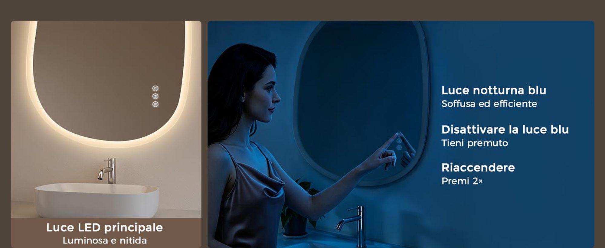 Specchio da bagno illuminato S'AFIELINA, 60x80 cm, specchio LED asimmetrico, senza cornice, 3 tonalità di luce, dimmerabile, antiappannamento, funzione di memoria