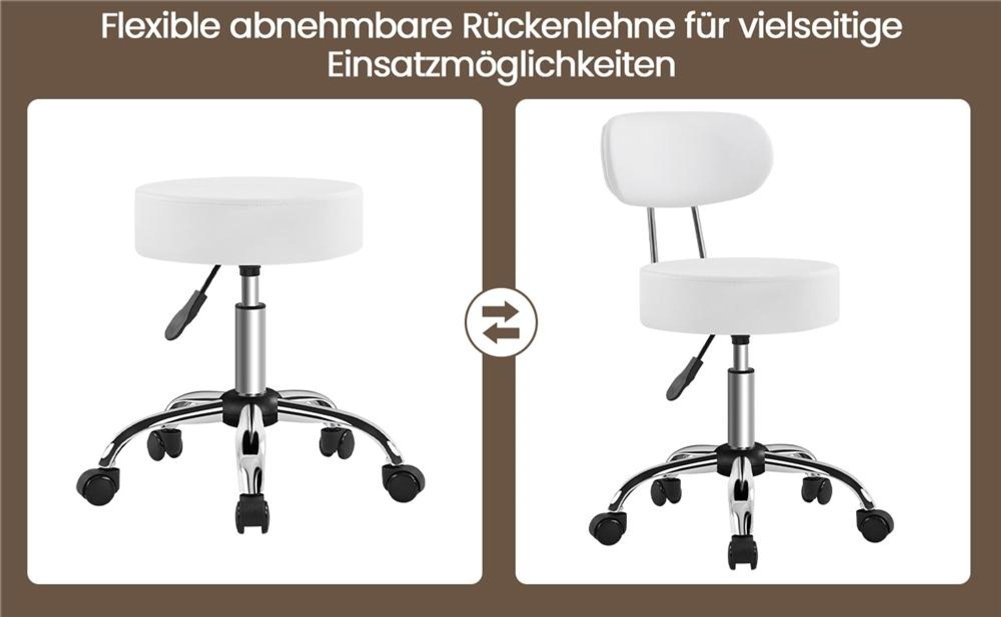 Yaheetech Drehhocker Rollhocker mit abnehmbaren Rückenlehnen, höhenverstellbarer Arbeitshocker, 75.5-85cm, mit Rollen, Weiß
