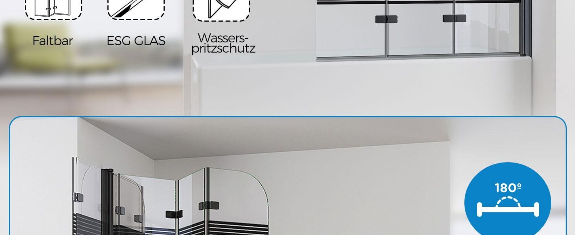 IMPTS Duschwand für Badewanne 140x140cm 3-teilig Faltwand Badewannenaufsatz Faltbar Duschabtrennung 6mm ESG GLAS Badwannenfaltwand Schwarze, Gestreift