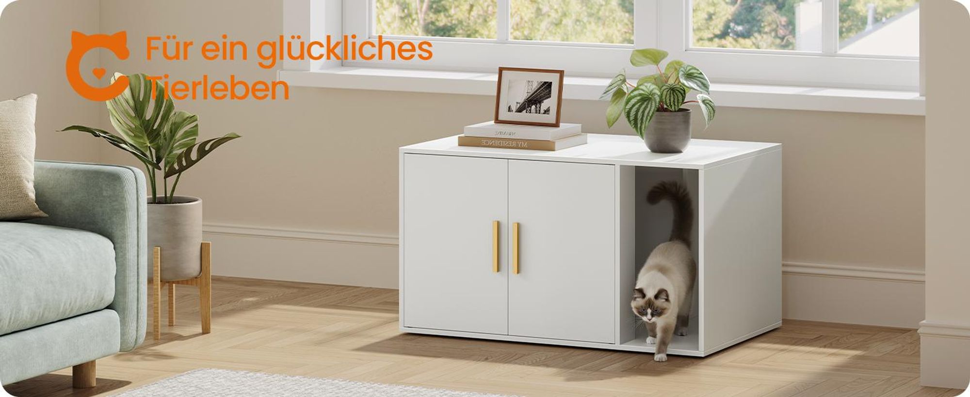 FEANDREA Katzenhaus mit Doppeltüren, Katzenklo-Schrank, Beistelltisch, Vordereingang, 80 x 50 x 45 cm, weiß