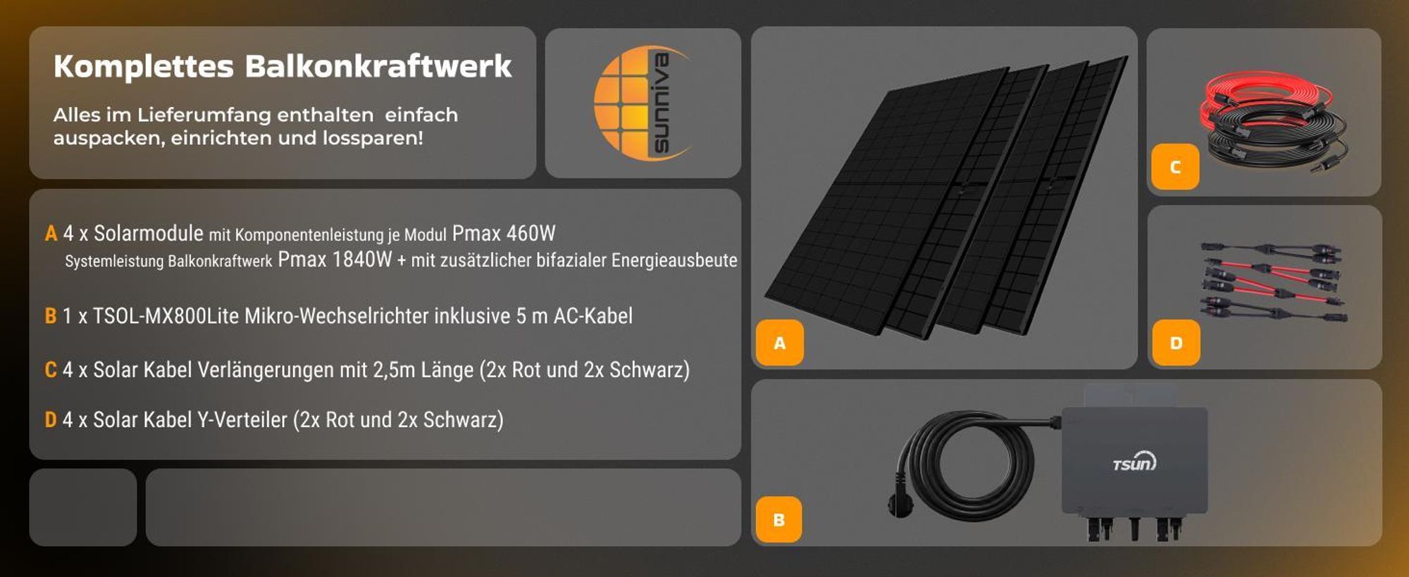 SUNNIVA® 1840W Balkonkraftwerk BIFAZIAL FULLBLACK komplett Steckdose TSUN 800 Watt Wechselrichter, Komplettset 4x 460W PV Solaranlage Solarmodule