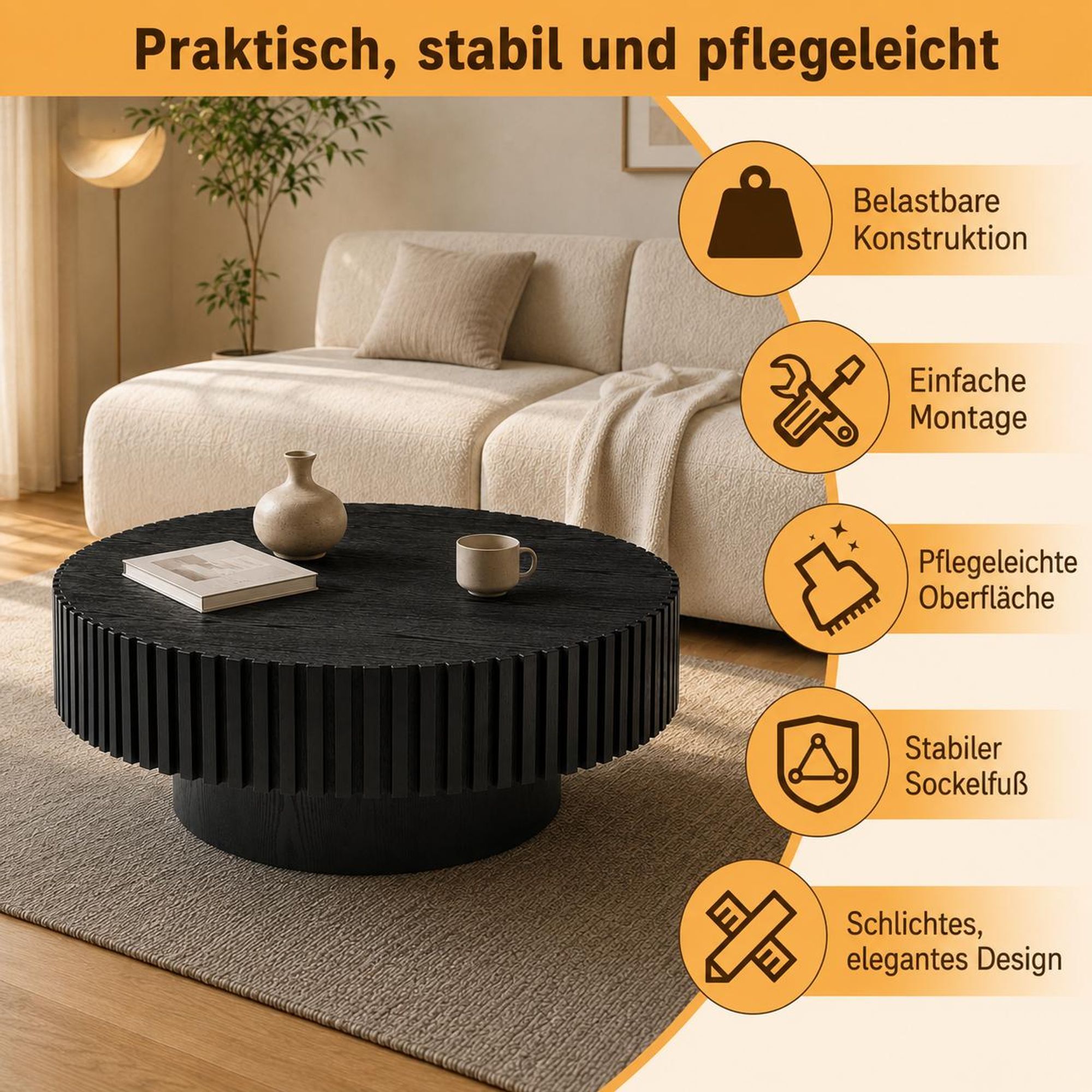 Runder Couchtisch mit Rillenoptik und Rundsockel, 80 x 35 cm, Schwarz