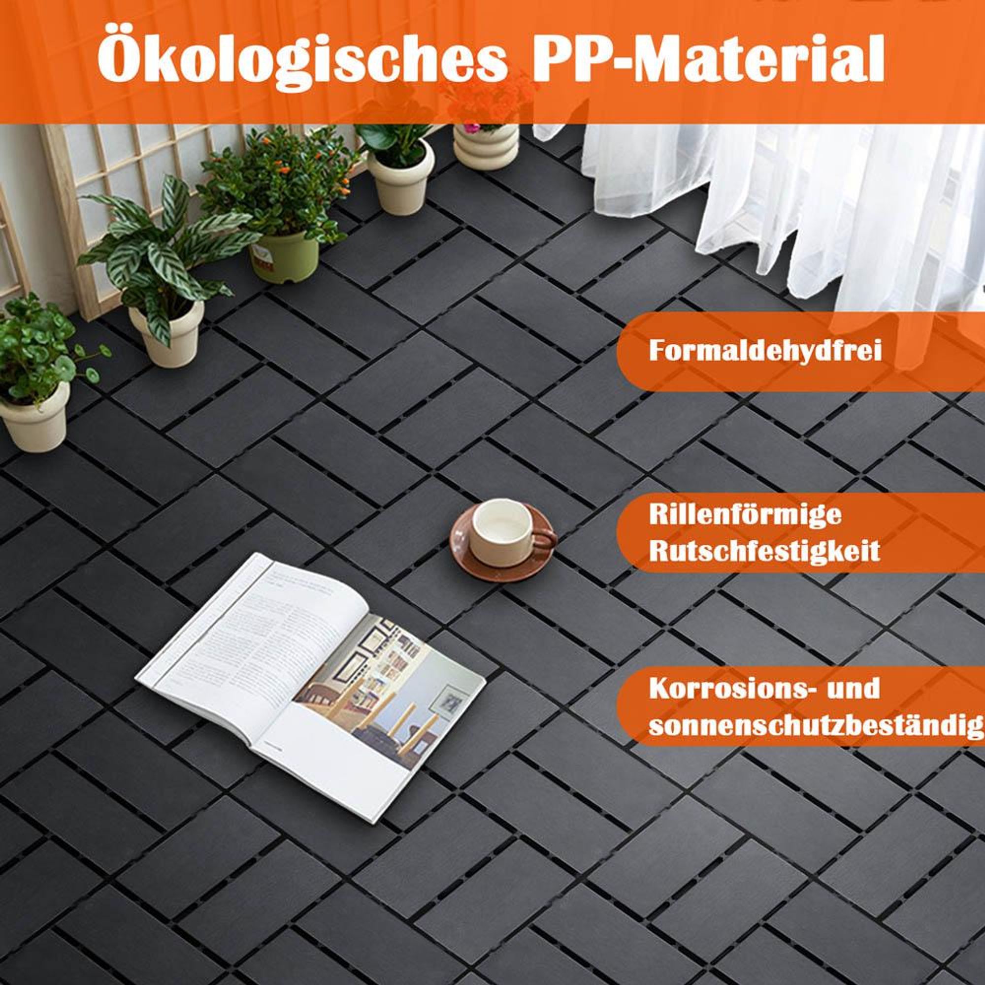 44-teilig Terrassenfliesen Set 30X30cm WPC Klickfliese 4qm Balkonfliesen Terrassenfliesen Holzoptik Fliese Terrassendielen Balkon, Grau