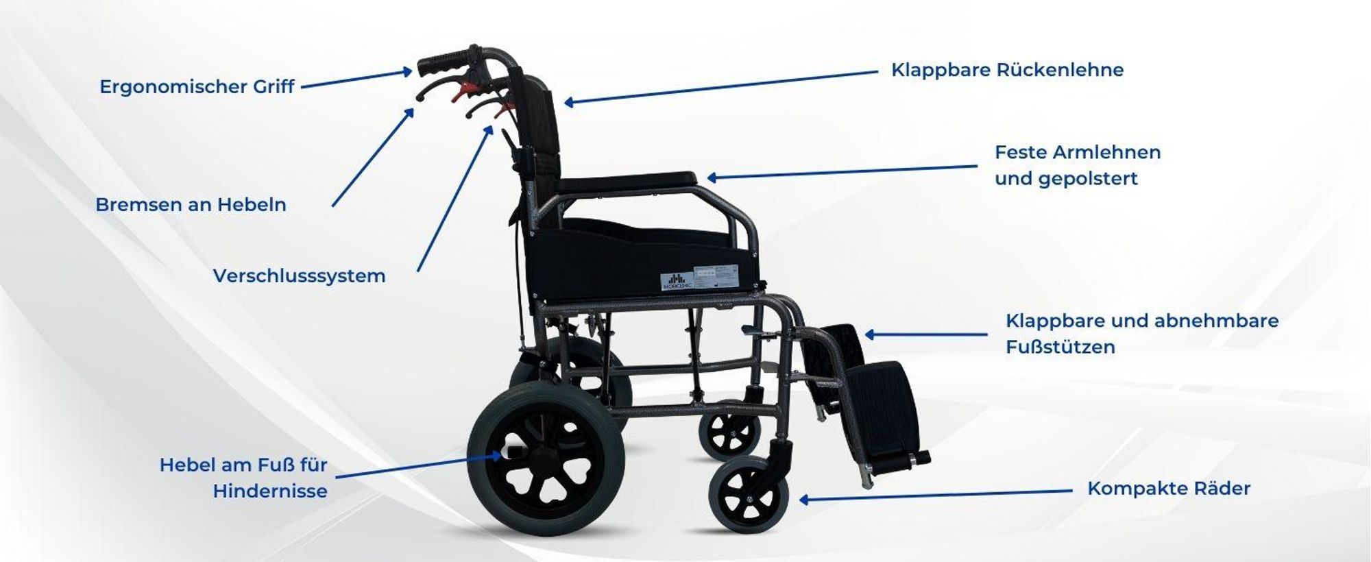 Mobiclinic® klappbarer transitrollstuhl, Ultraleicht, Modell museo, Aluminium, Handbremsen, Faltbarer rollstuhl, Fußstützen, Armlehnen, Schwarz